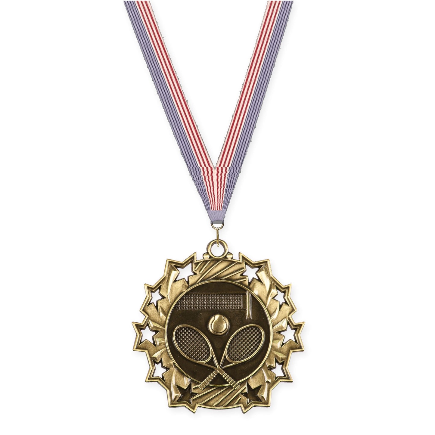 2 1/4 inch tennis Ten Star medal in antique gold with USA Flag neck ribbon