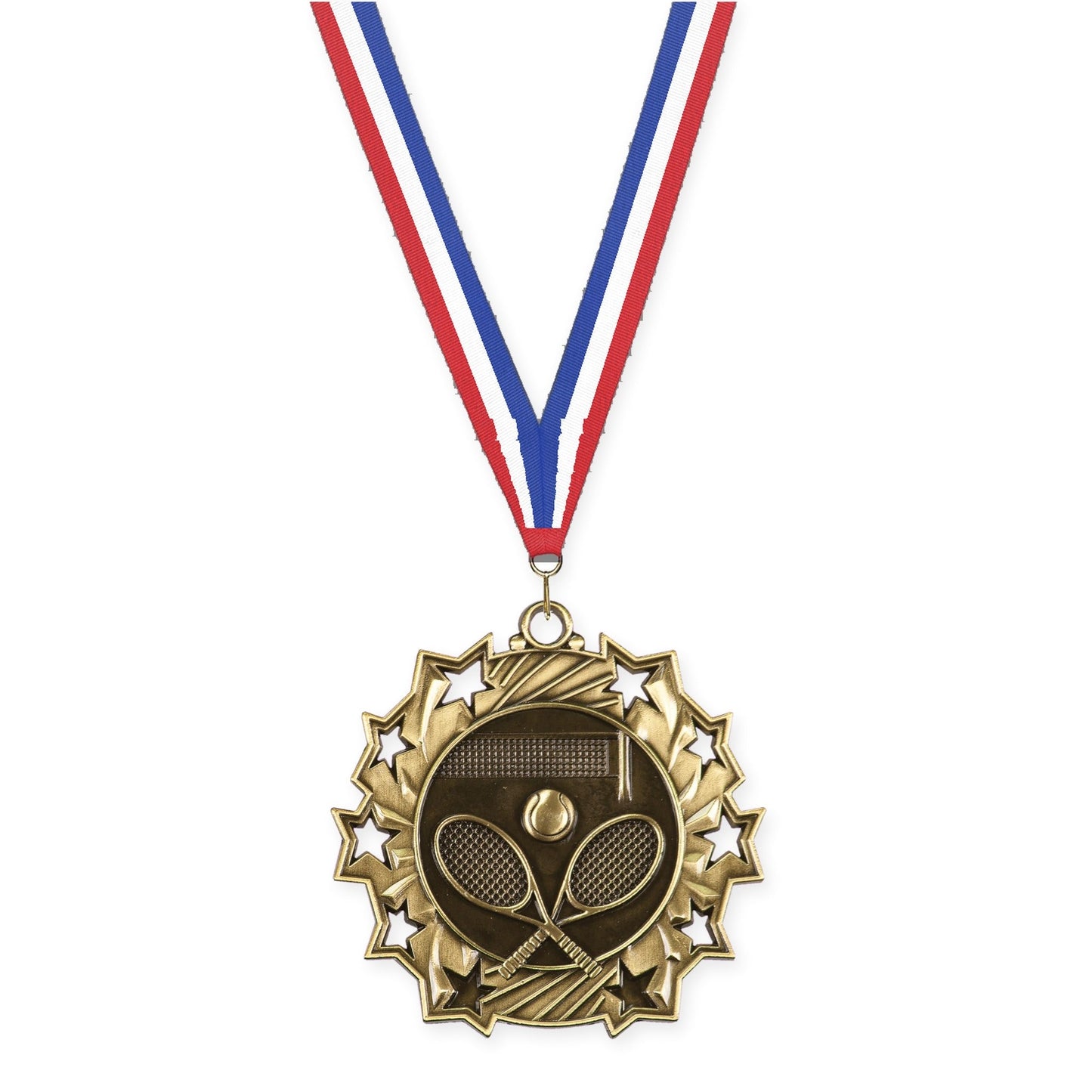 2 1/4 inch tennis Ten Star medal in antique gold with Red White Blue neck ribbon