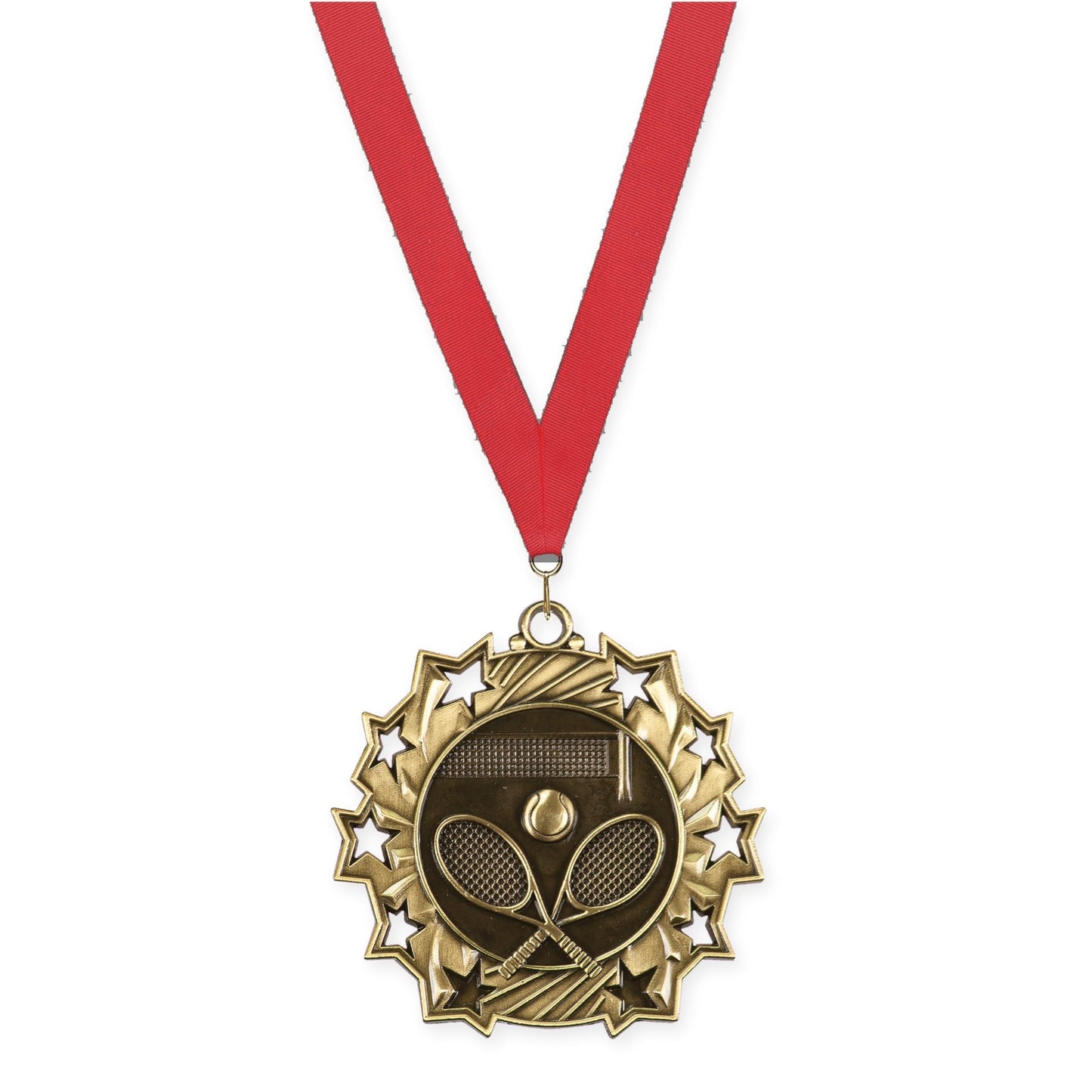 2 1/4 inch tennis Ten Star medal in antique gold with Red neck ribbon