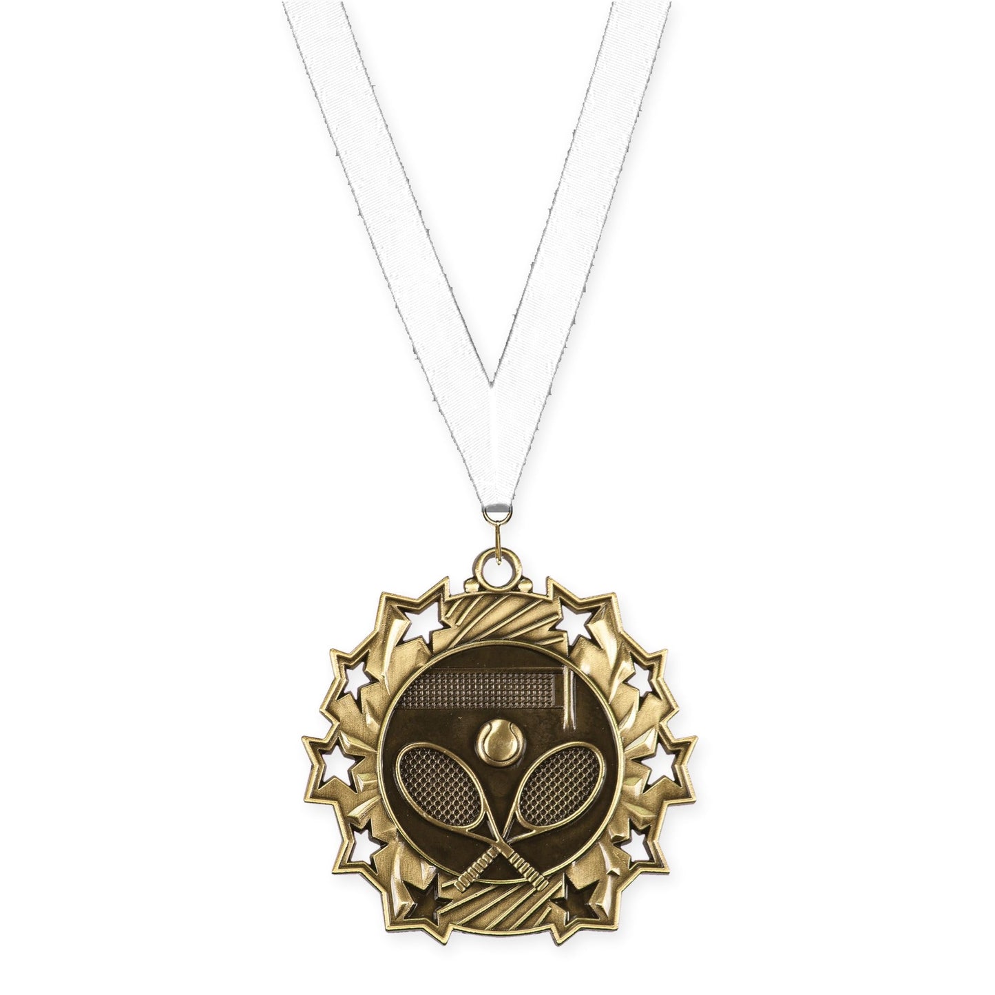 2 1/4 inch tennis Ten Star medal in antique gold with White neck ribbon