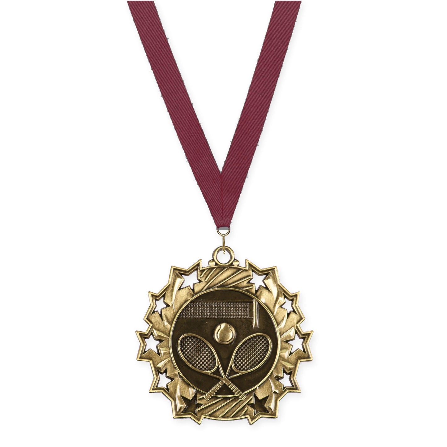 2 1/4 inch tennis Ten Star medal in antique gold with Maroon neck ribbon