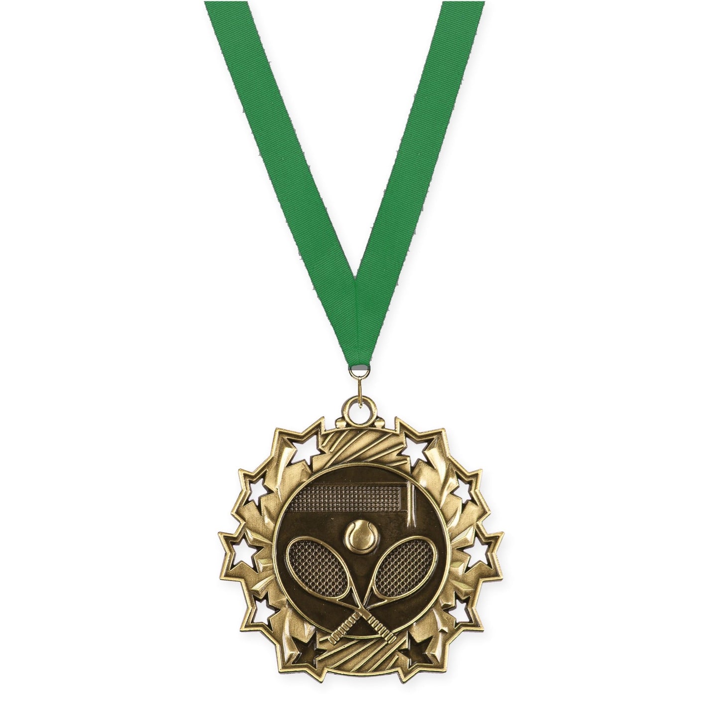 2 1/4 inch tennis Ten Star medal in antique gold with Green neck ribbon