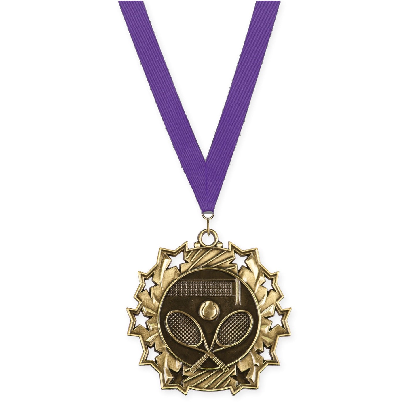 2 1/4 inch tennis Ten Star medal in antique gold with Purple neck ribbon