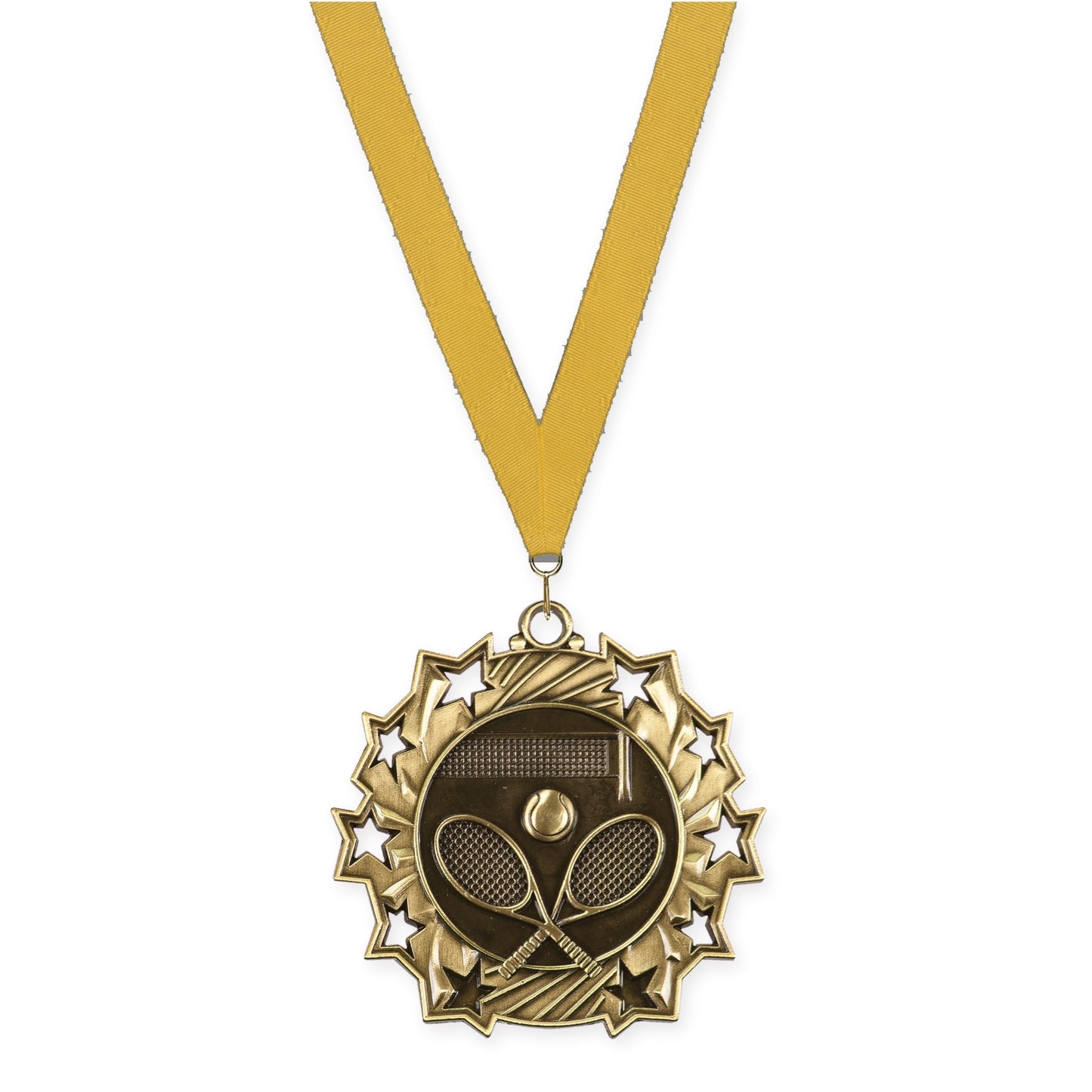 2 1/4 inch tennis Ten Star medal in antique gold with Gold neck ribbon