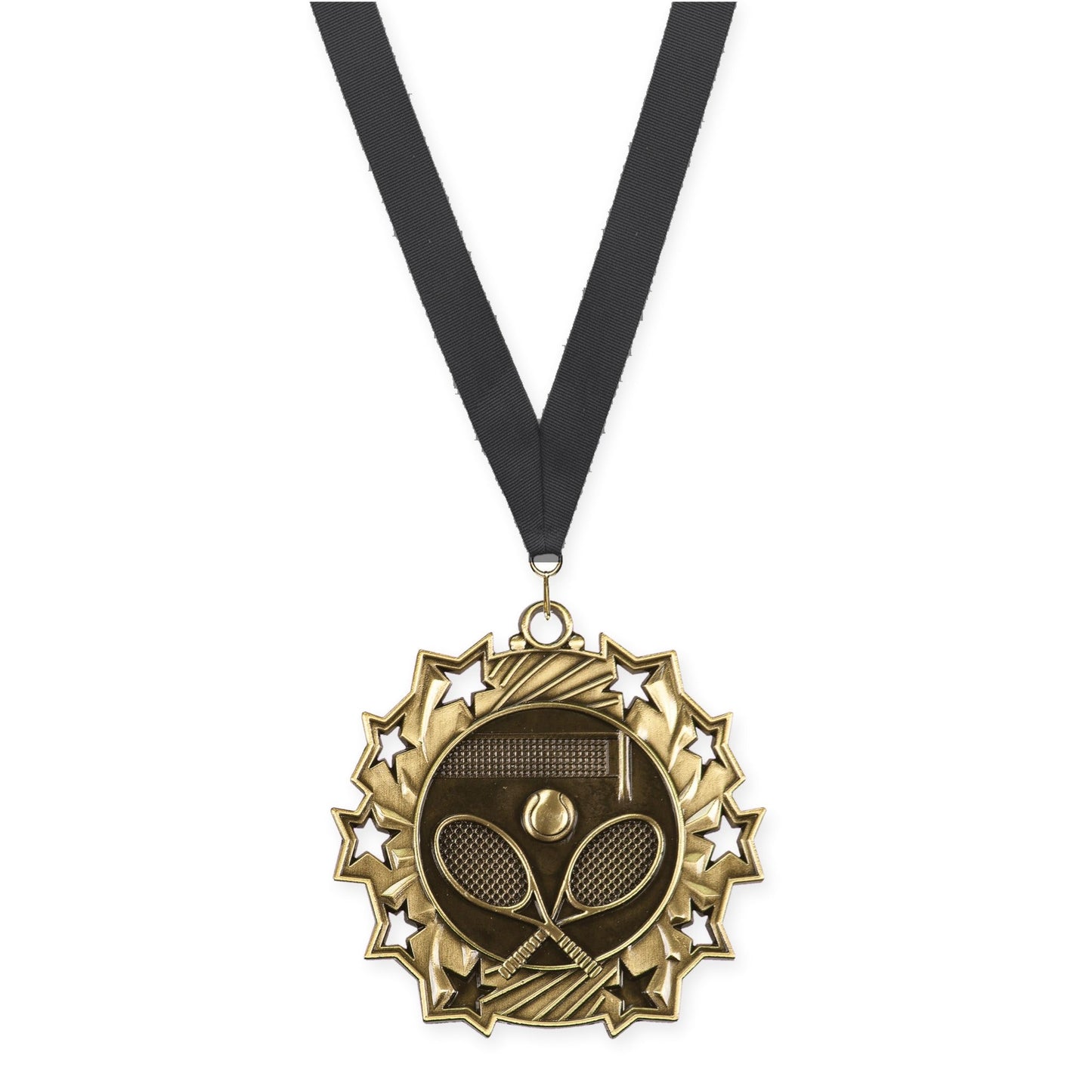 2 1/4 inch tennis Ten Star medal in antique gold with Black neck ribbon