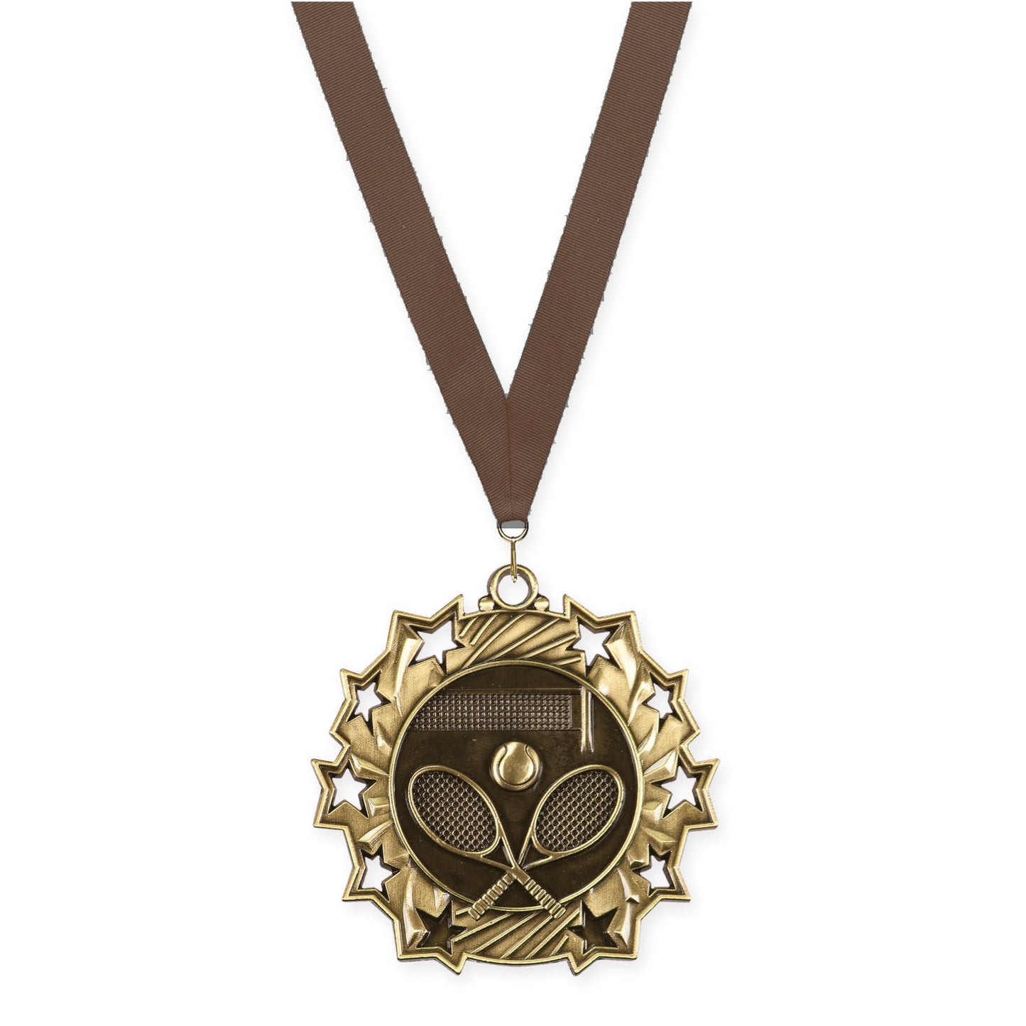 2 1/4 inch tennis Ten Star medal in antique gold with Brown neck ribbon