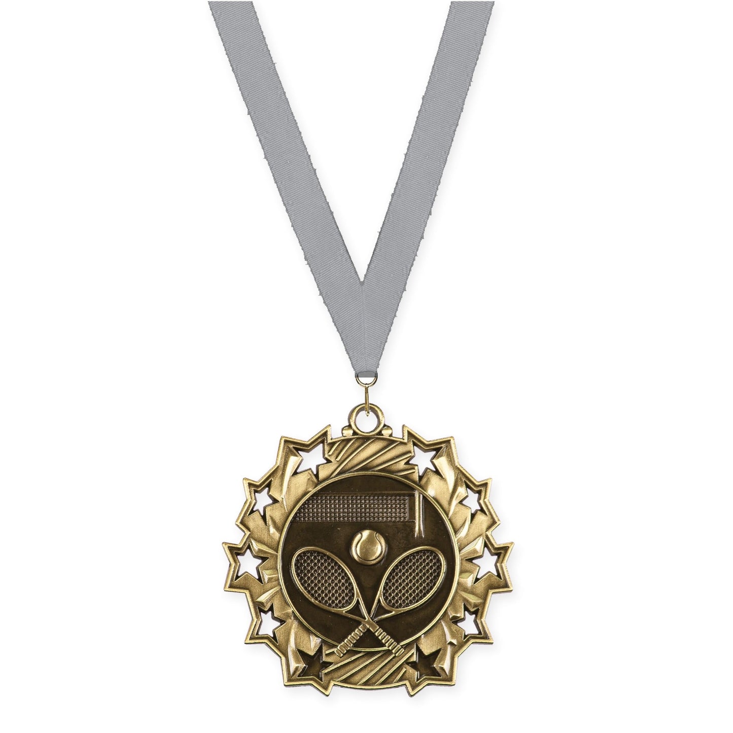 2 1/4 inch tennis Ten Star medal in antique gold with Gray neck ribbon