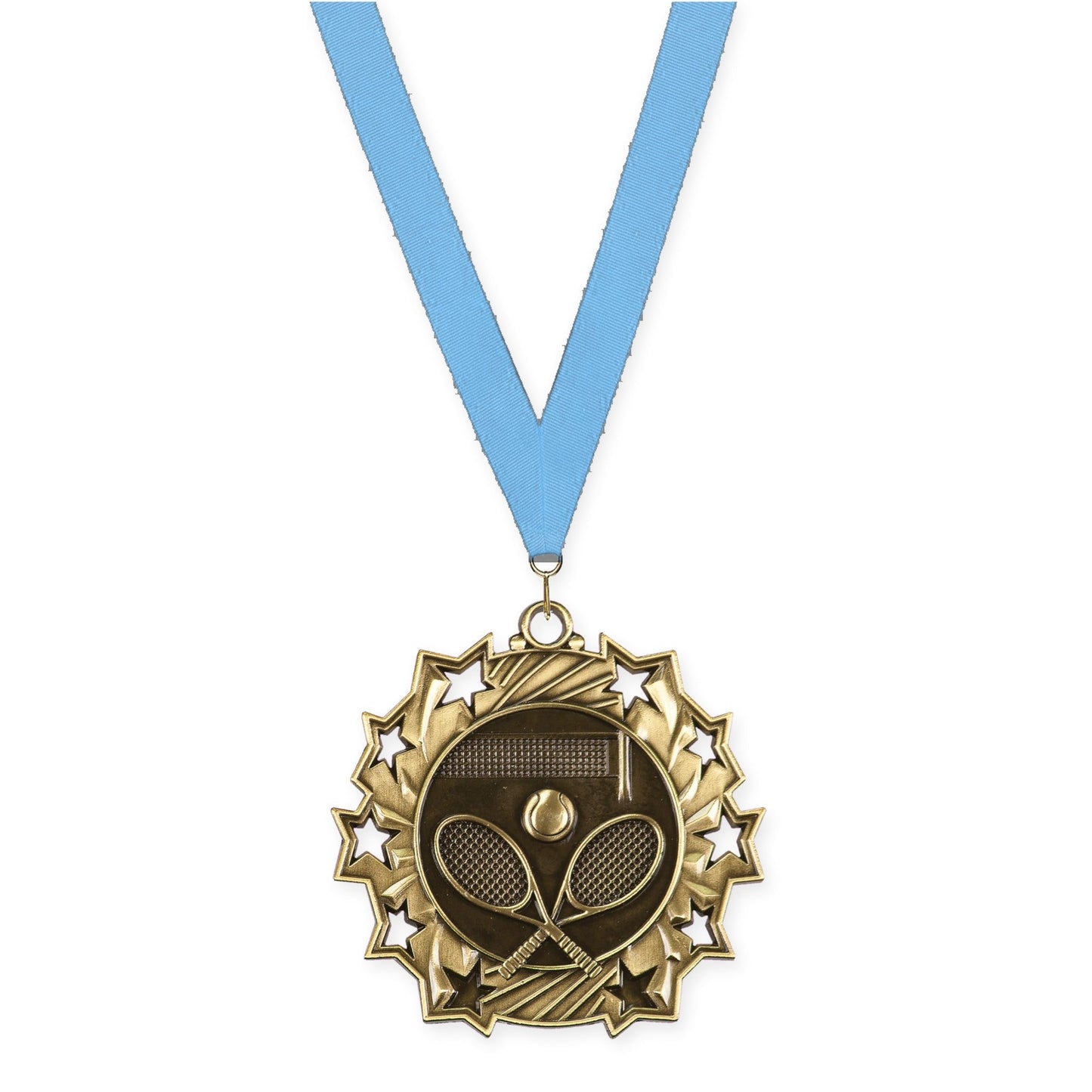 2 1/4 inch tennis Ten Star medal in antique gold with Light Blue neck ribbon