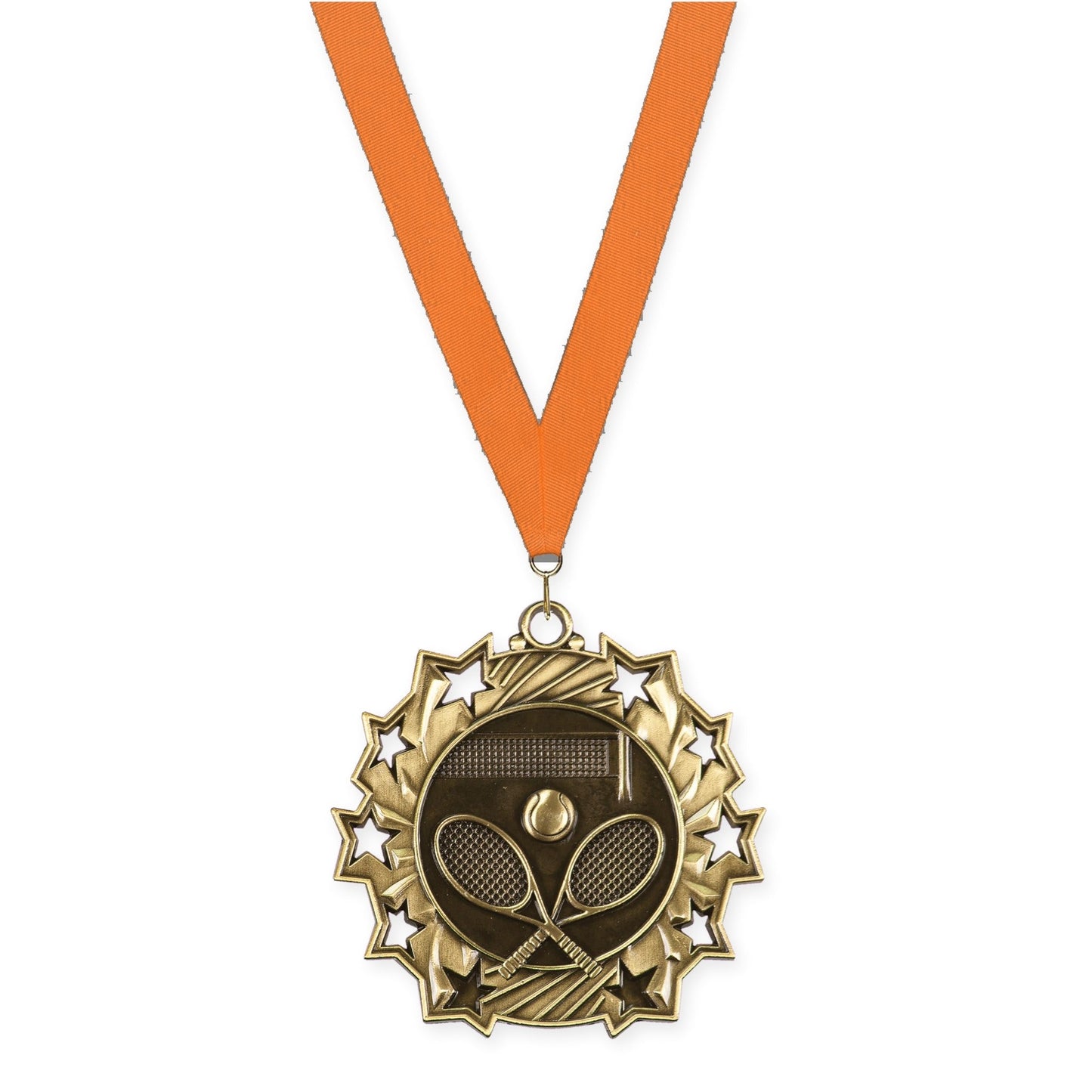 2 1/4 inch tennis Ten Star medal in antique gold with Orange neck ribbon