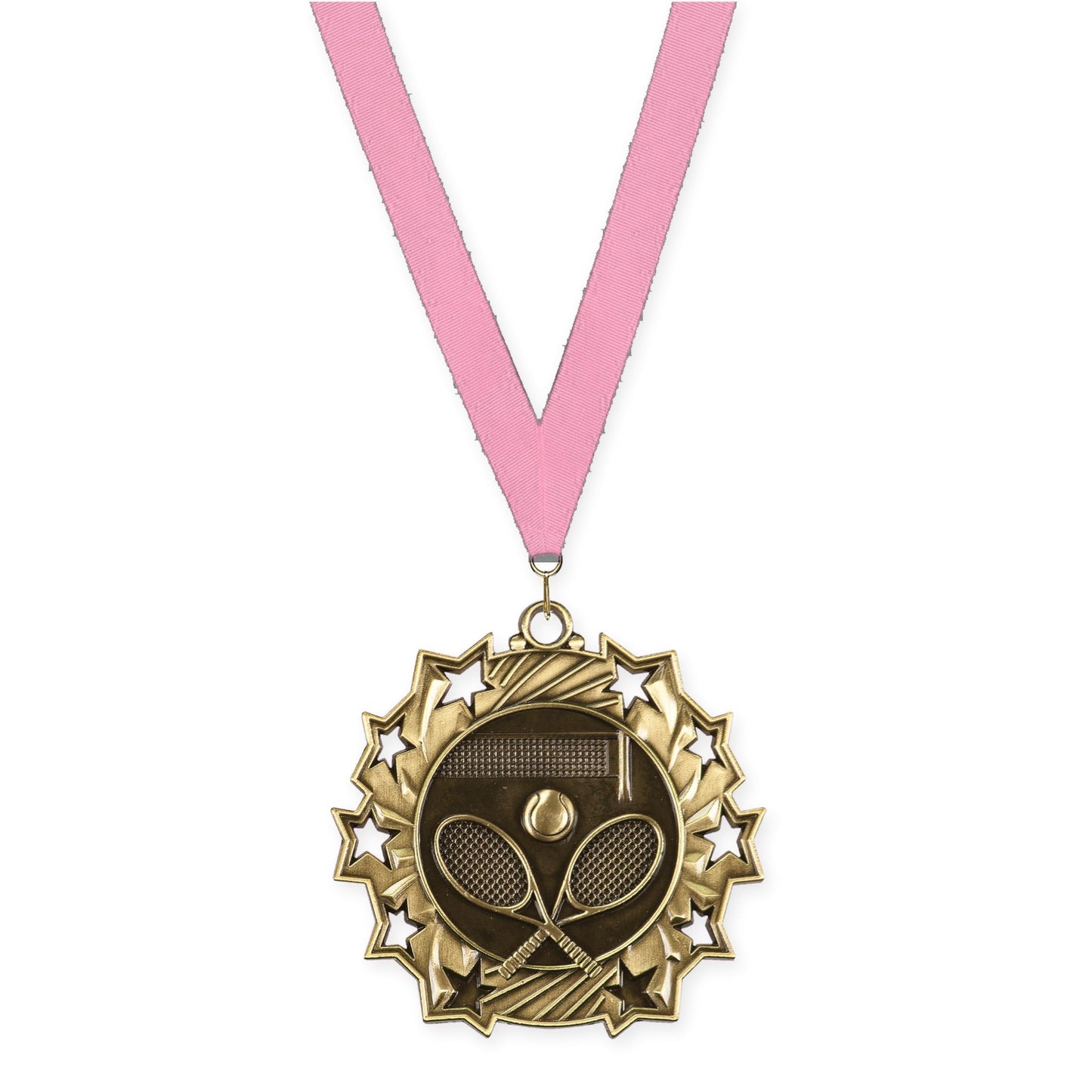 2 1/4 inch tennis Ten Star medal in antique gold with Pink neck ribbon