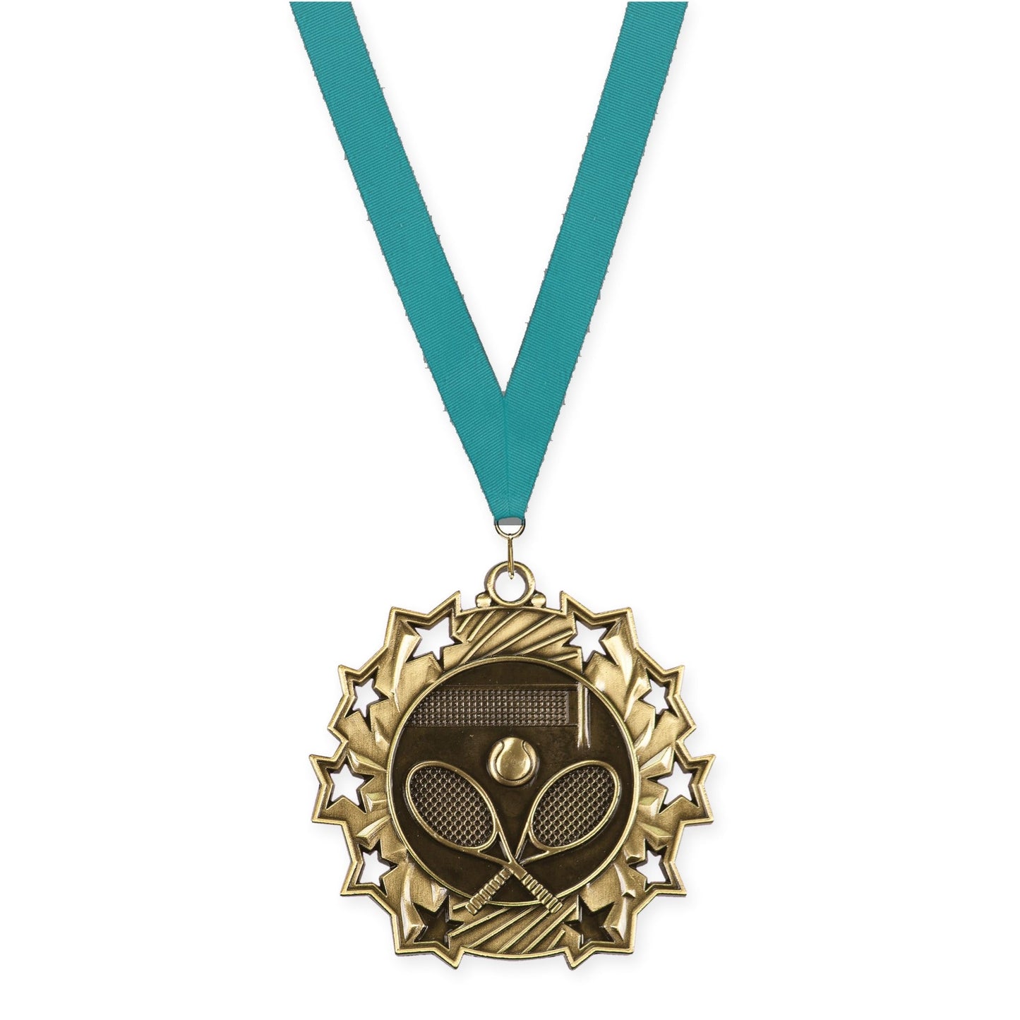 2 1/4 inch tennis Ten Star medal in antique gold with Teal neck ribbon