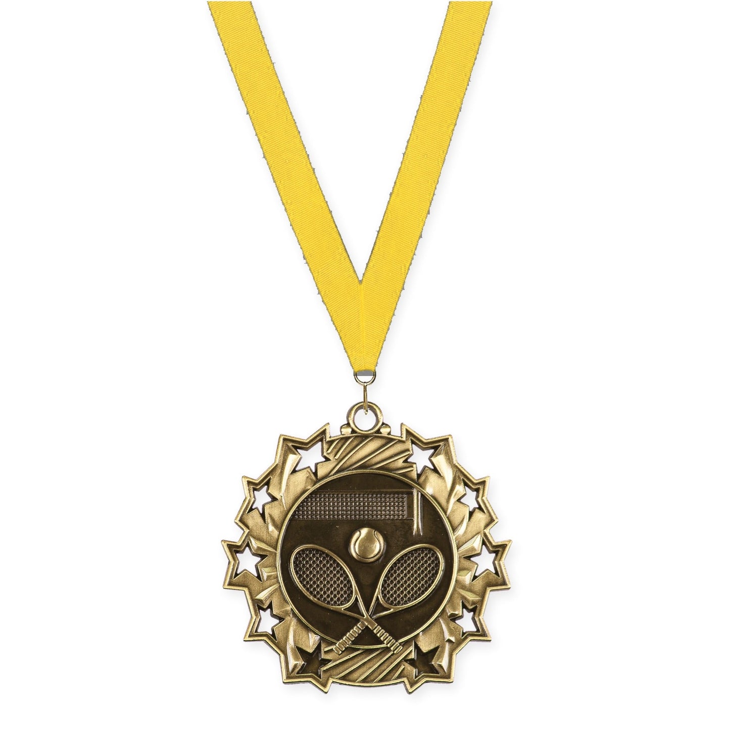 2 1/4 inch tennis Ten Star medal in antique gold with Yellow neck ribbon