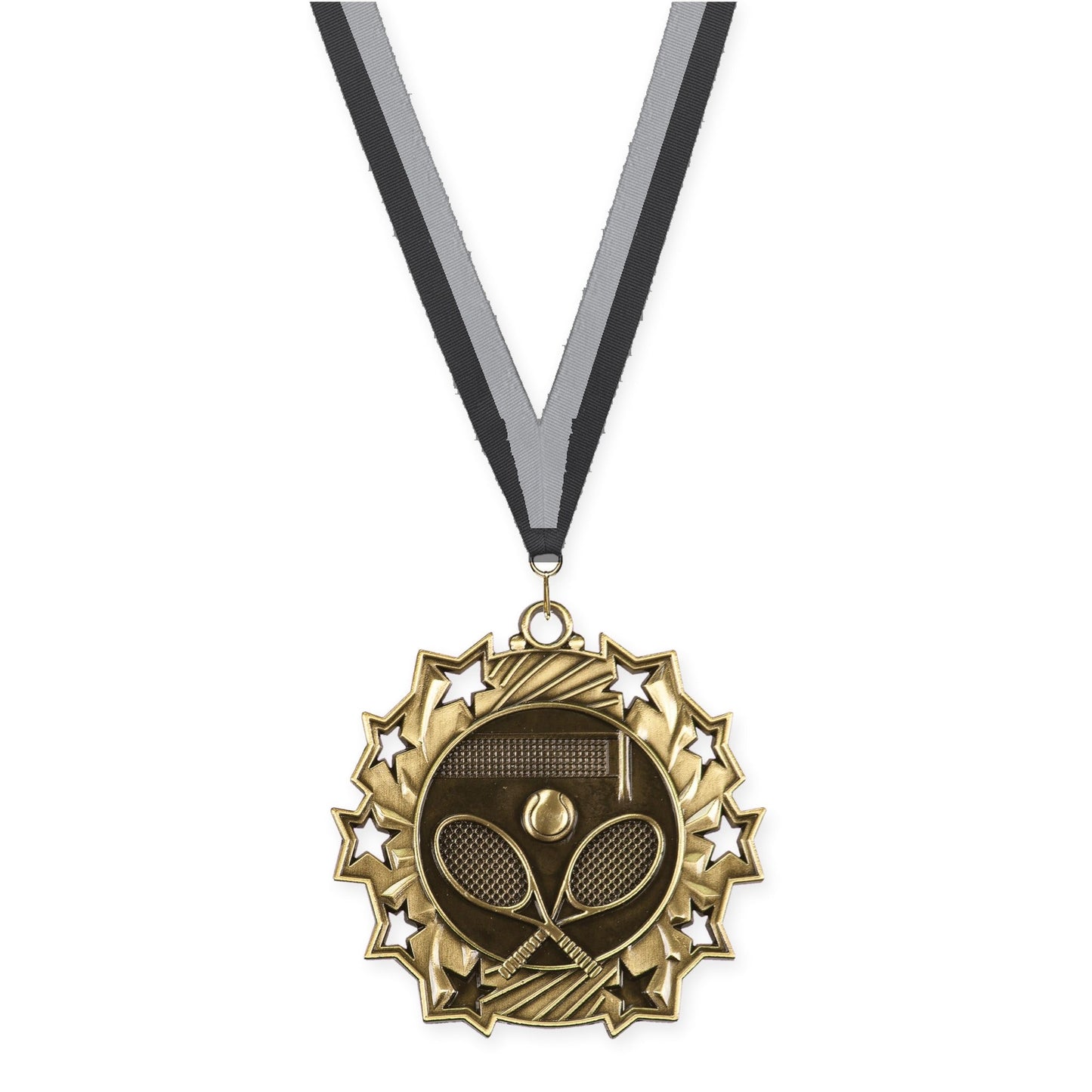 2 1/4 inch tennis Ten Star medal in antique gold with Black Gray neck ribbon