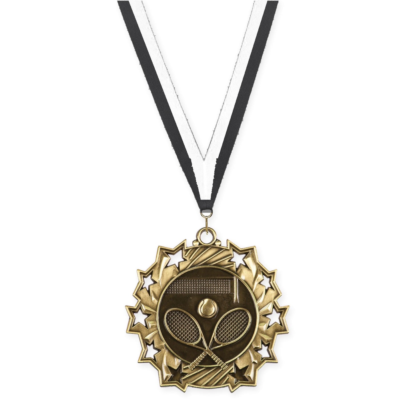 2 1/4 inch tennis Ten Star medal in antique gold with Black White neck ribbon
