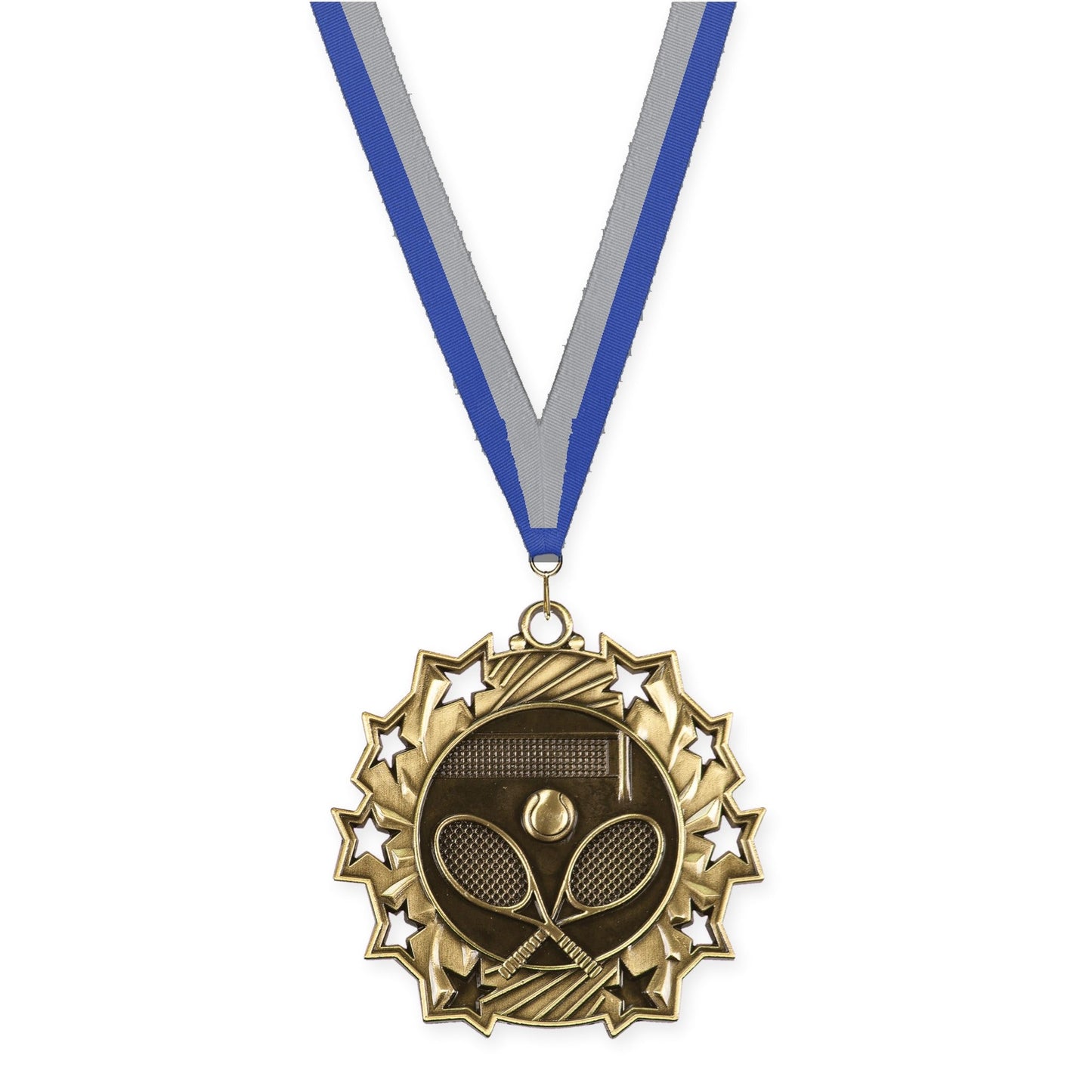 2 1/4 inch tennis Ten Star medal in antique gold with Blue Gray neck ribbon