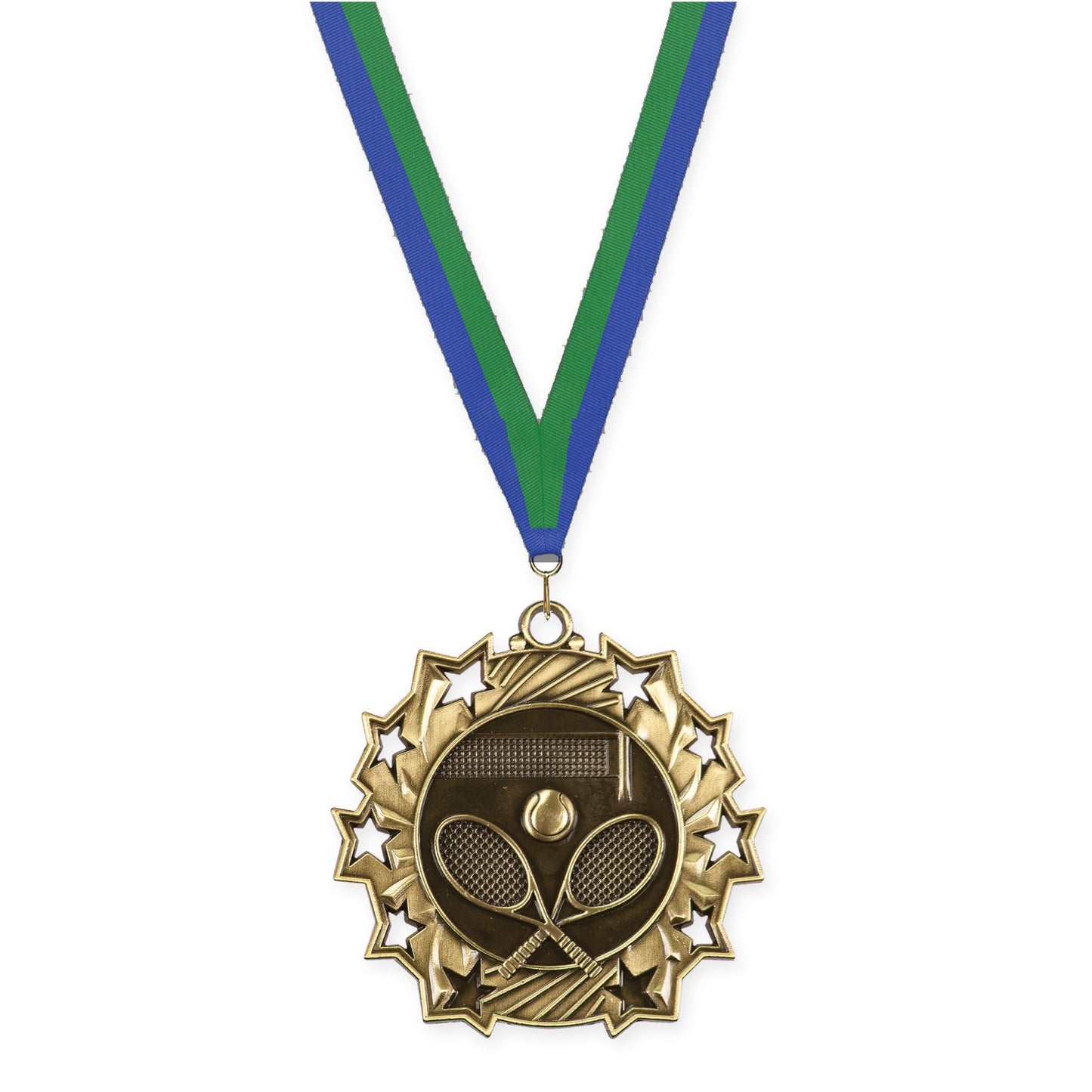 2 1/4 inch tennis Ten Star medal in antique gold with Blue Green neck ribbon