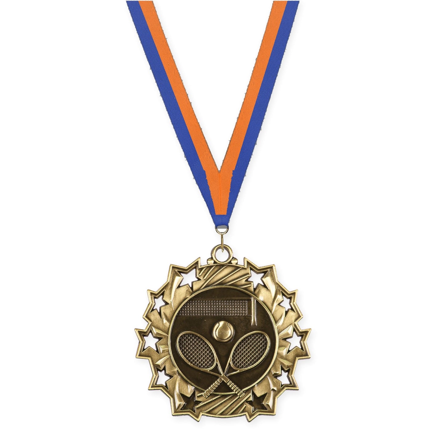 2 1/4 inch tennis Ten Star medal in antique gold with Blue Orange neck ribbon
