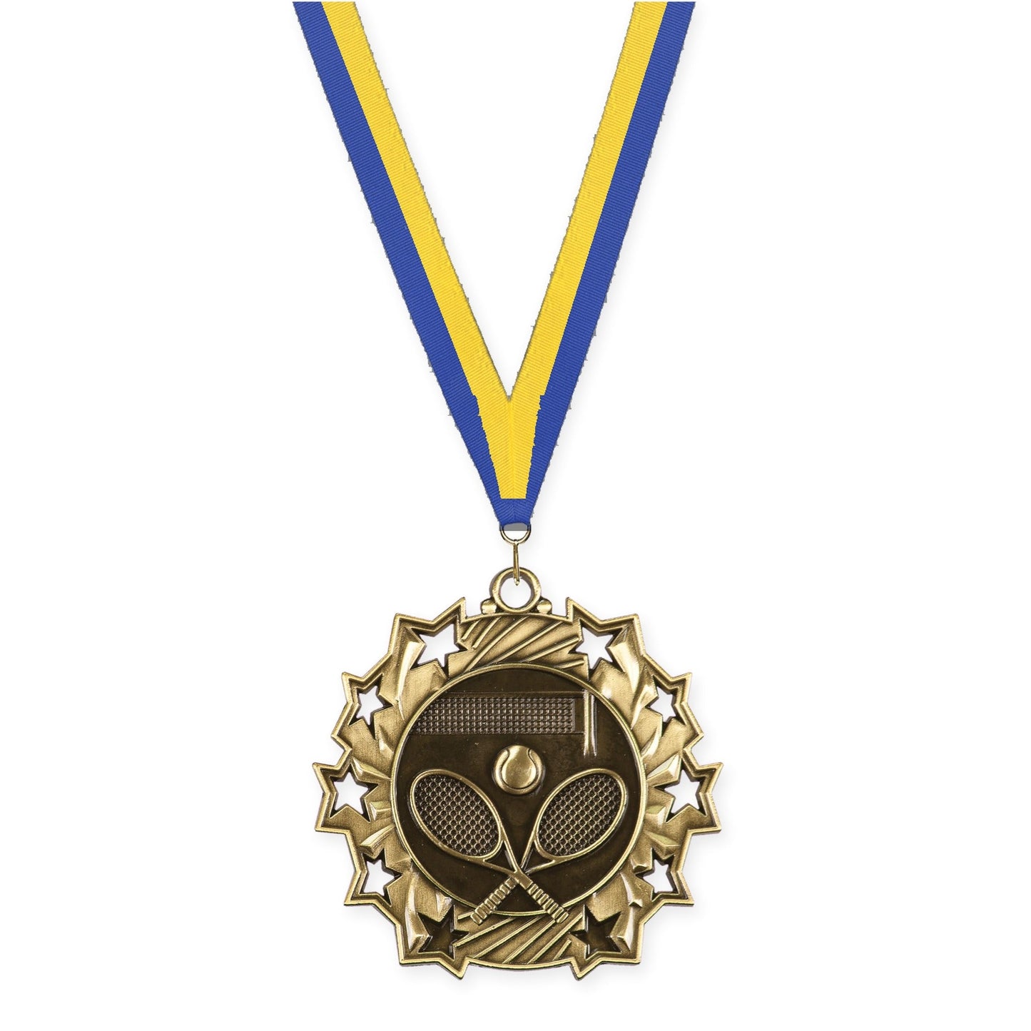 2 1/4 inch tennis Ten Star medal in antique gold with Blue Yellow neck ribbon