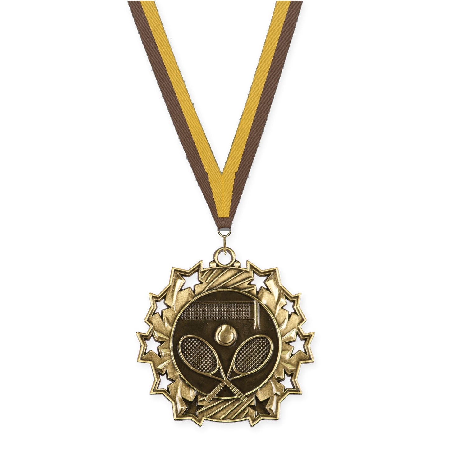 2 1/4 inch tennis Ten Star medal in antique gold with Brown Gold neck ribbon