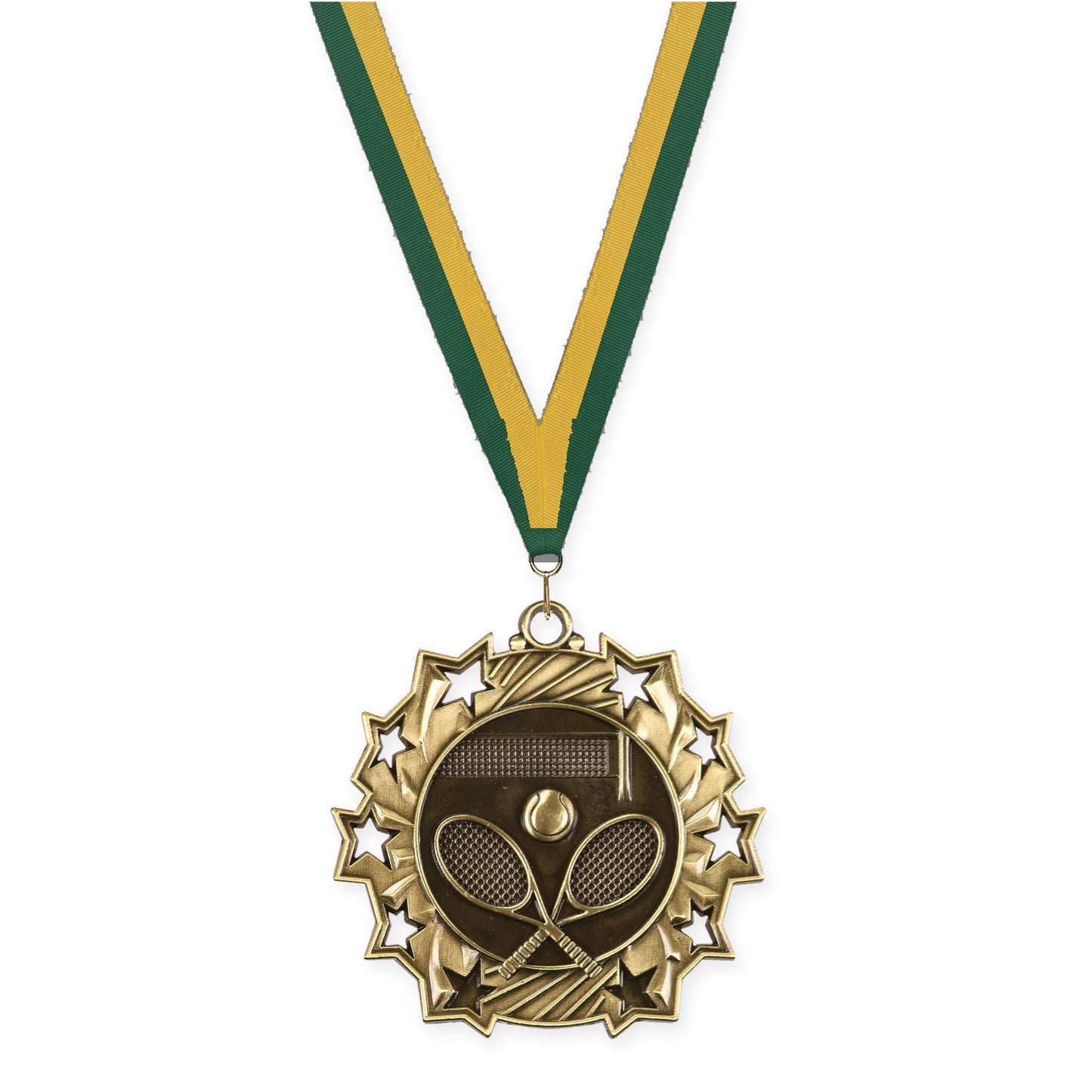 2 1/4 inch tennis Ten Star medal in antique gold with Hunter Green Gold neck ribbon