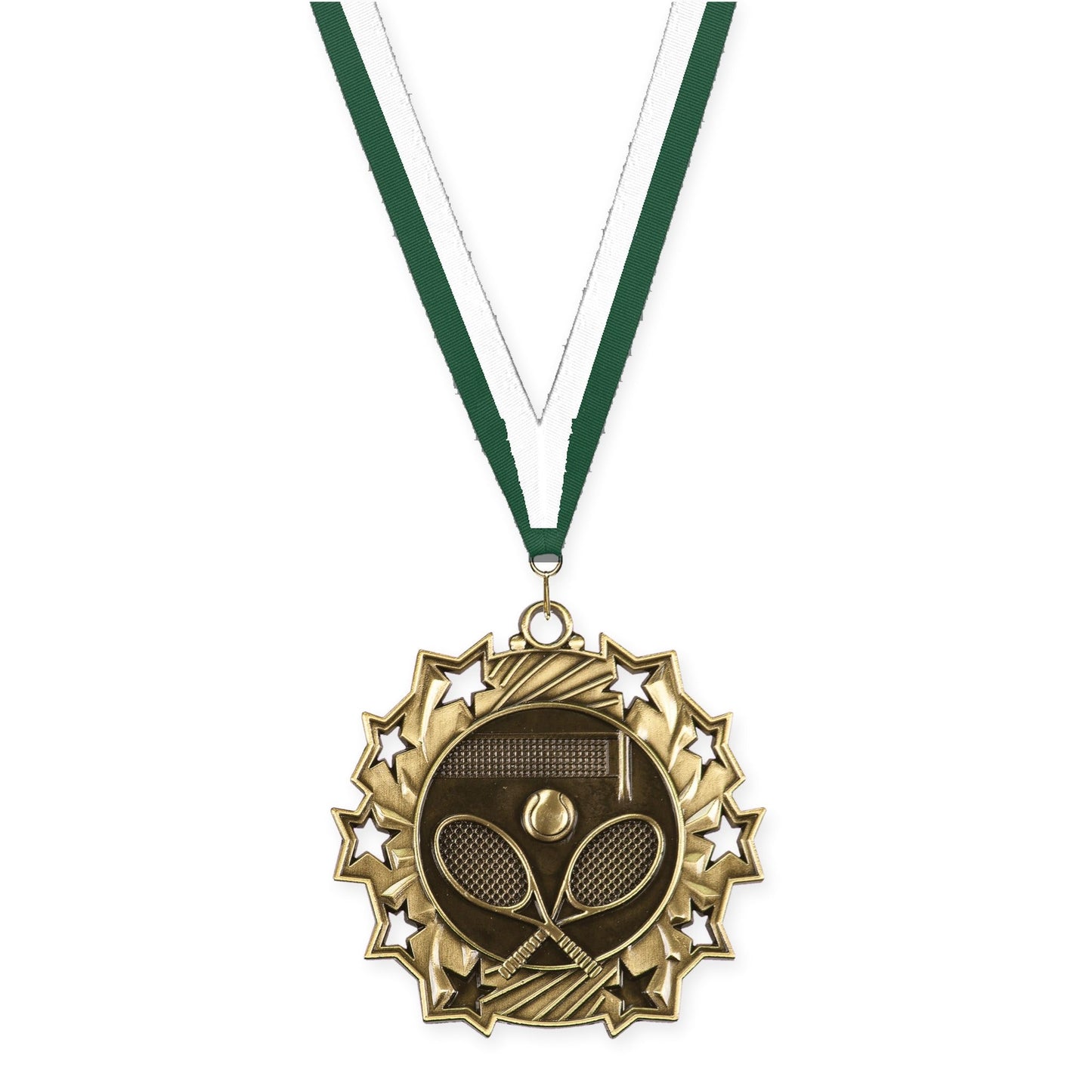 2 1/4 inch tennis Ten Star medal in antique gold with Hunter Green White neck ribbon