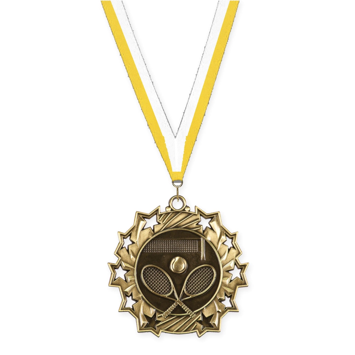 2 1/4 inch tennis Ten Star medal in antique gold with Yellow White neck ribbon