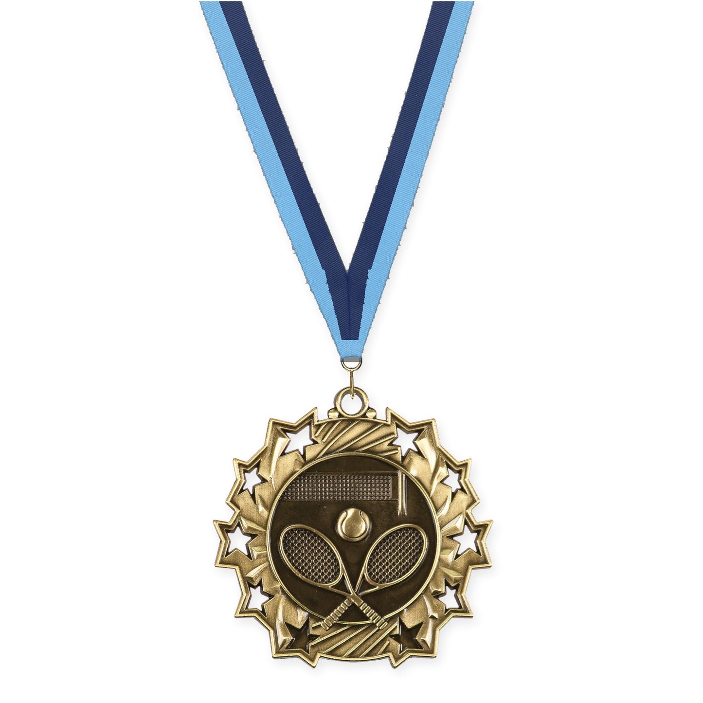 2 1/4 inch tennis Ten Star medal in antique gold with Light Blue Navy neck ribbon