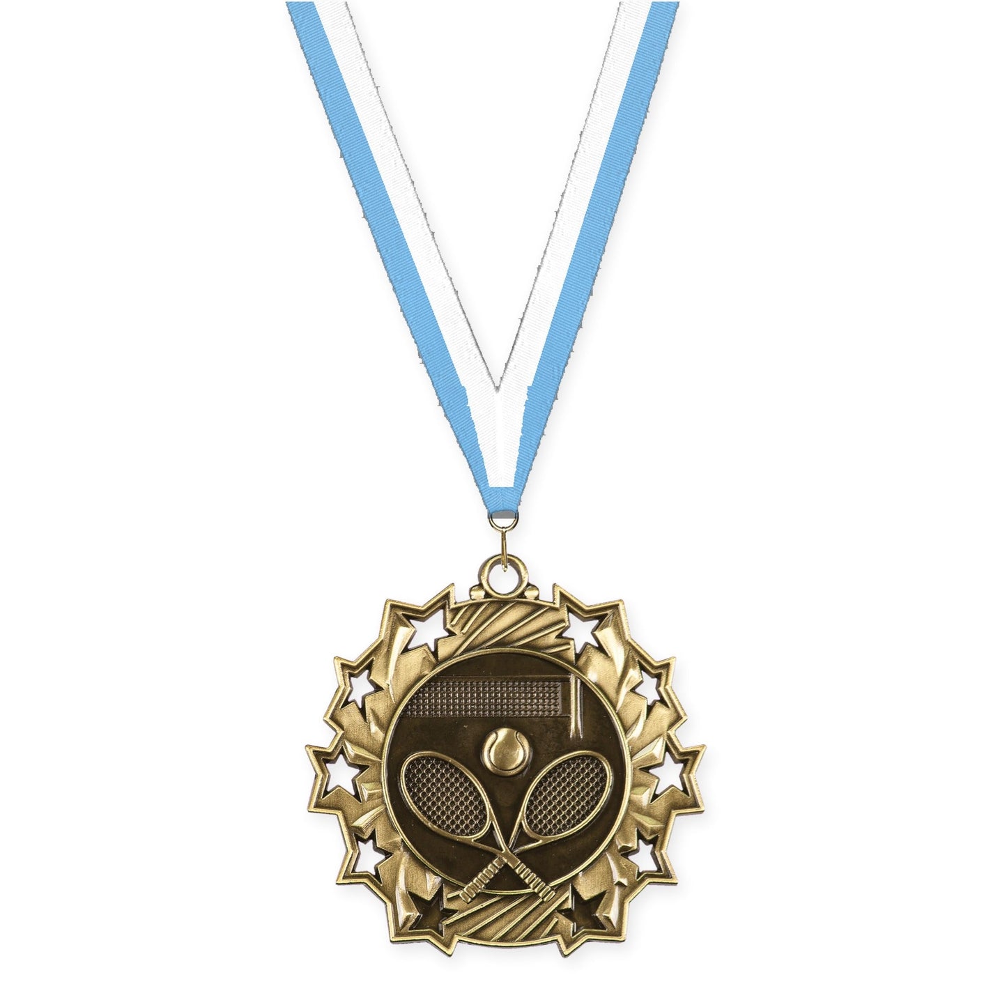 2 1/4 inch tennis Ten Star medal in antique gold with Light Blue White neck ribbon