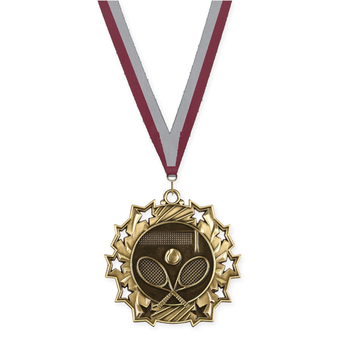 2 1/4 inch tennis Ten Star medal in antique gold with Maroon Gray neck ribbon