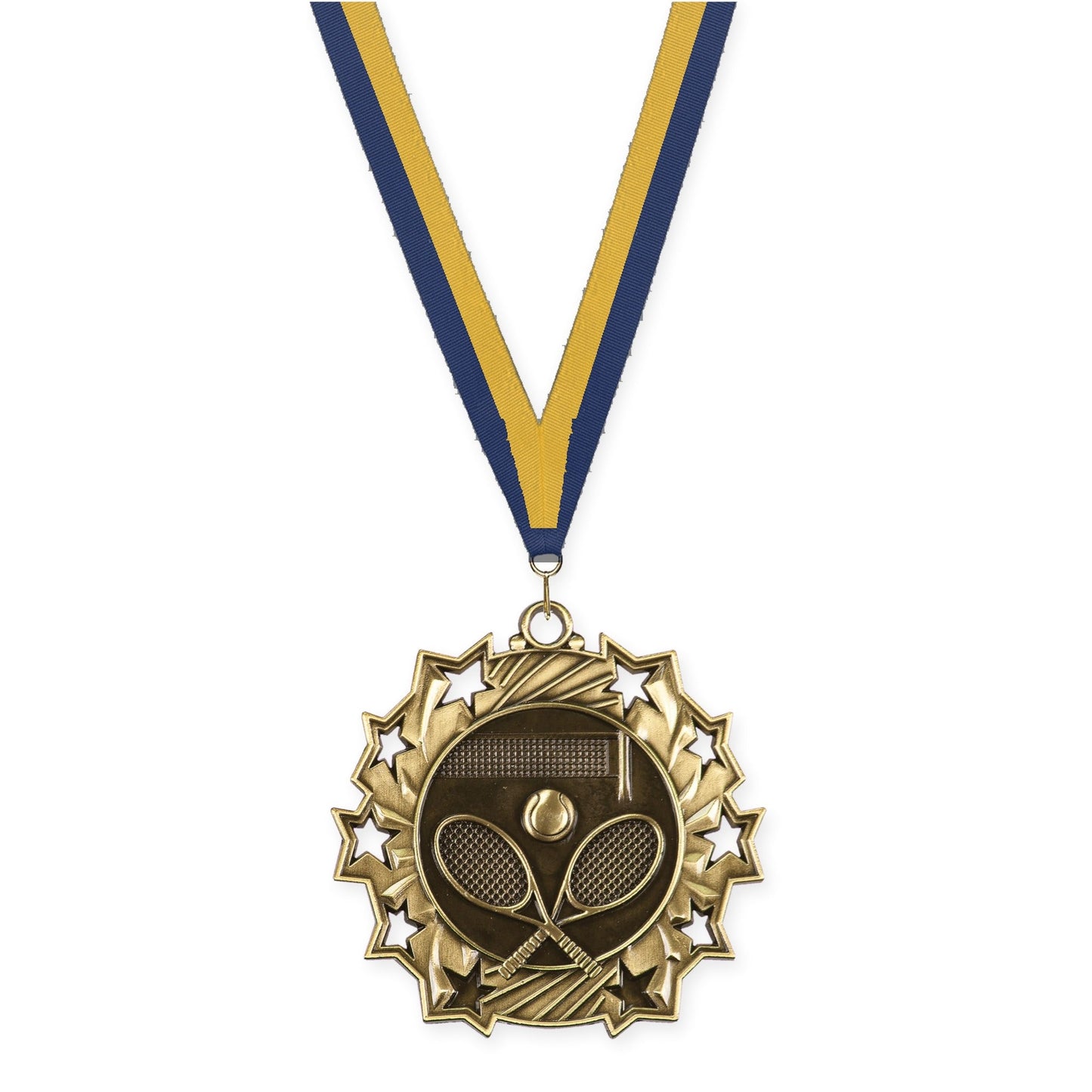 2 1/4 inch tennis Ten Star medal in antique gold with Navy Gold neck ribbon