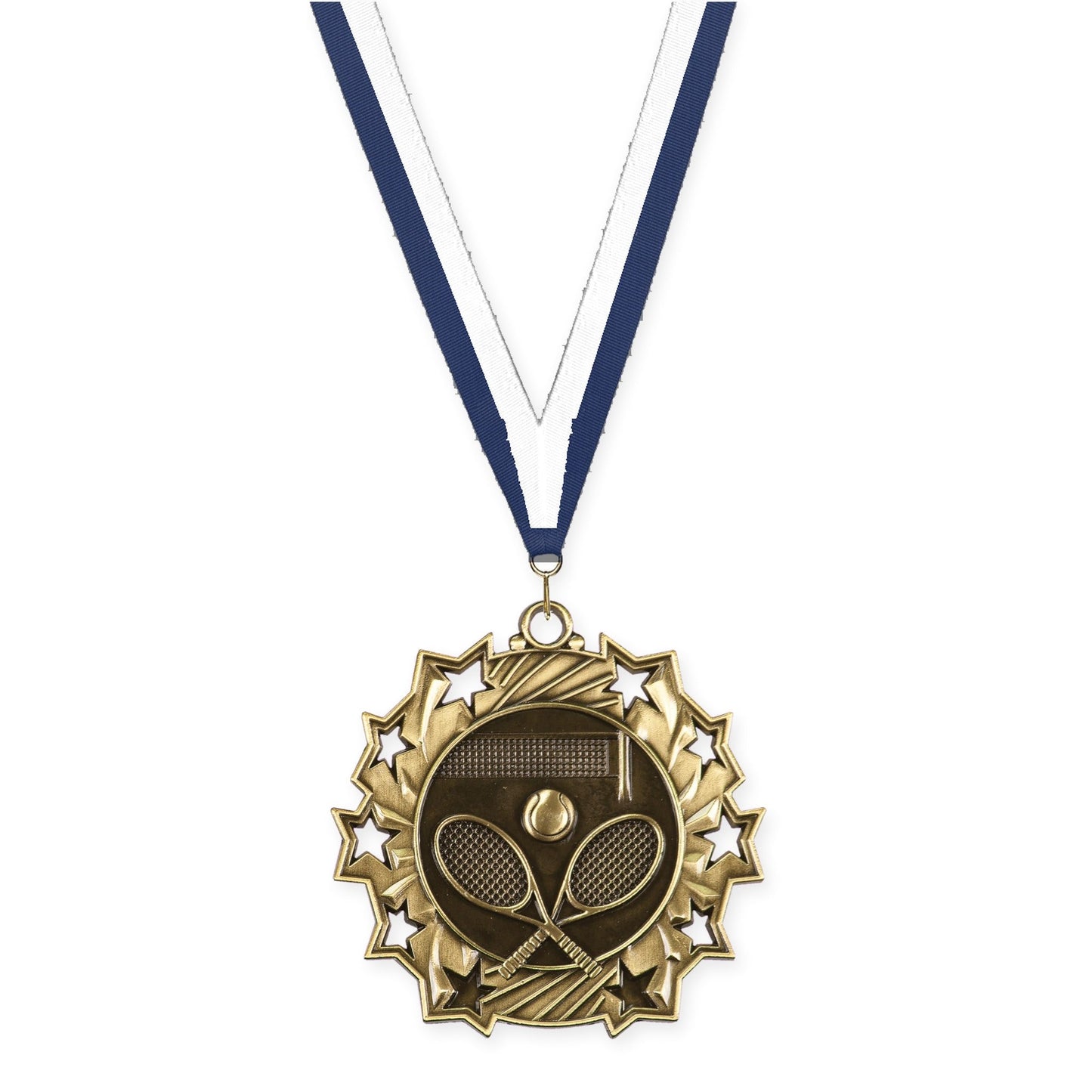 2 1/4 inch tennis Ten Star medal in antique gold with Navy White neck ribbon