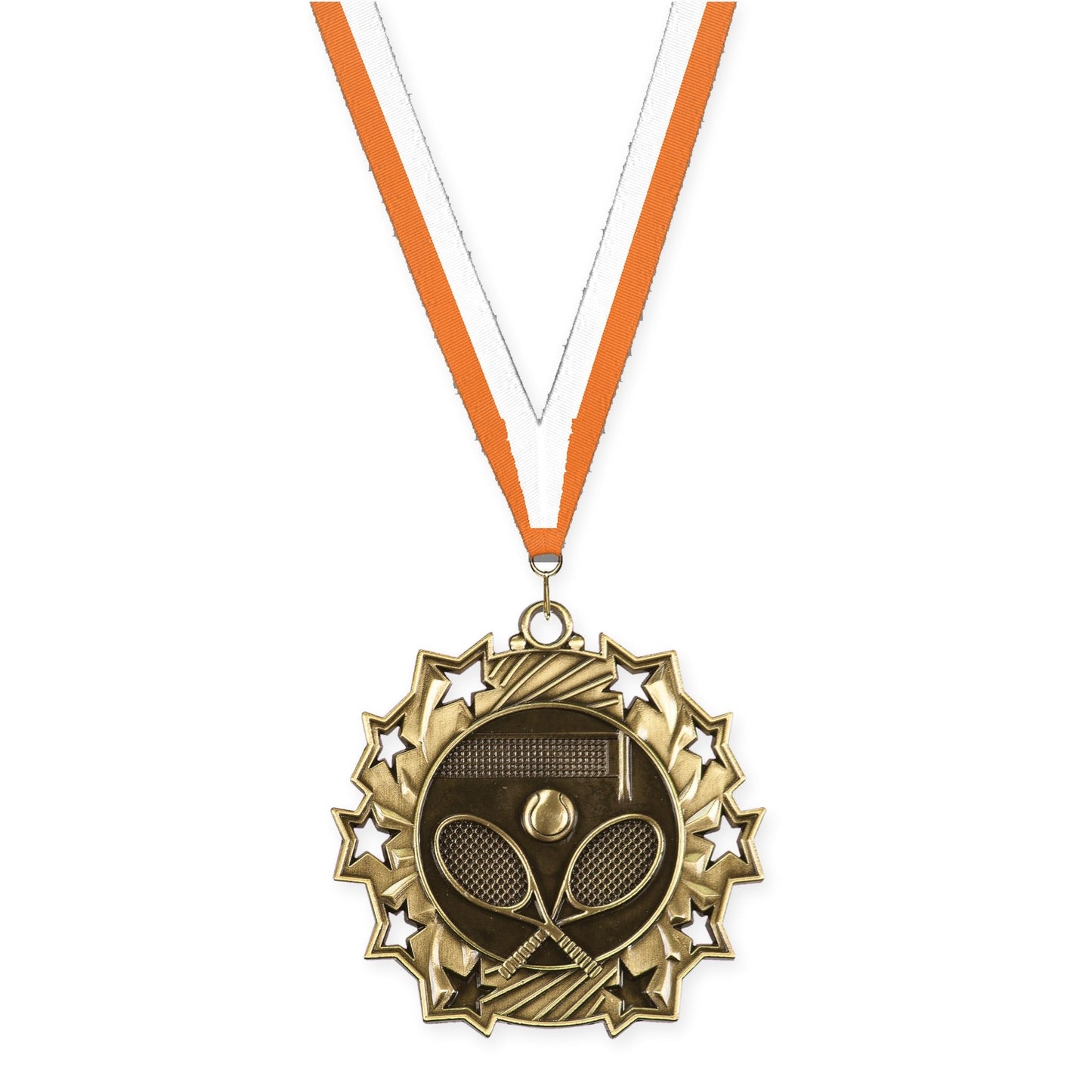 2 1/4 inch tennis Ten Star medal in antique gold with Orange White neck ribbon