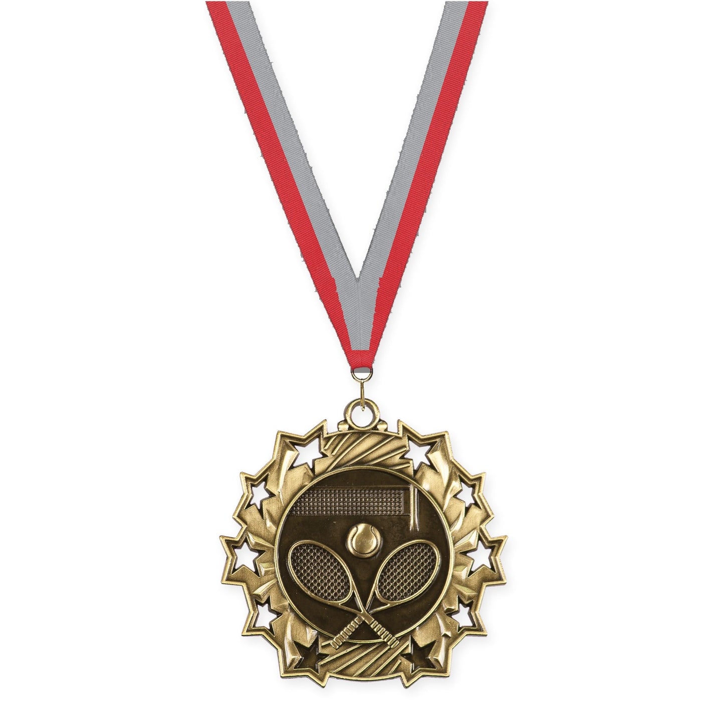 2 1/4 inch tennis Ten Star medal in antique gold with Red Gray neck ribbon