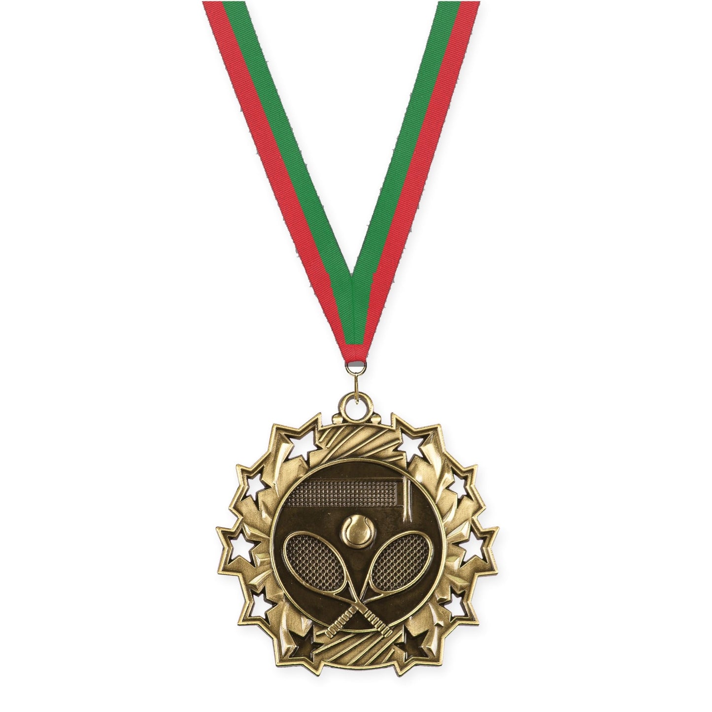 2 1/4 inch tennis Ten Star medal in antique gold with Red Green neck ribbon