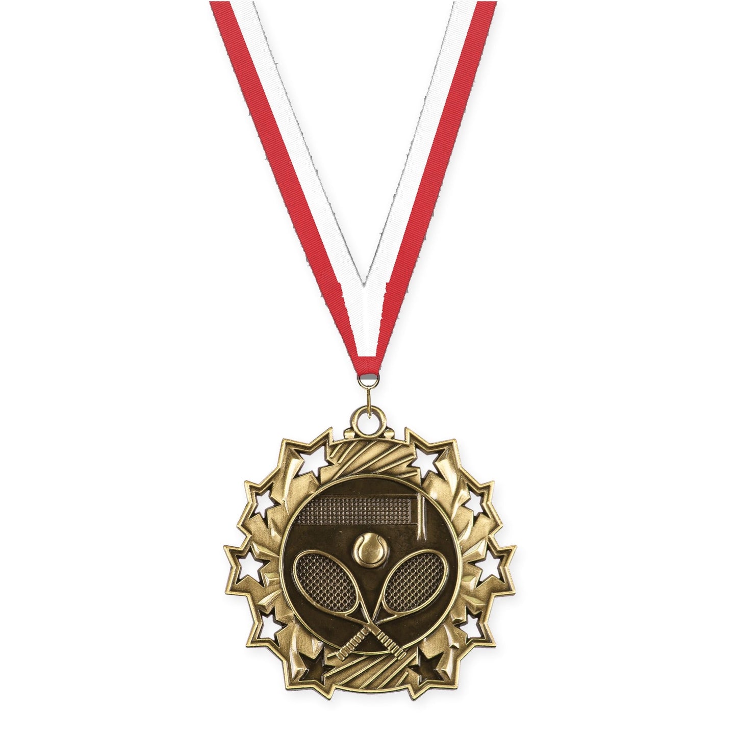2 1/4 inch tennis Ten Star medal in antique gold with Red White neck ribbon