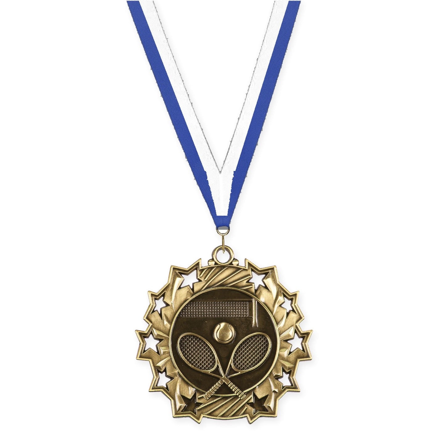 2 1/4 inch tennis Ten Star medal in antique gold with Blue White neck ribbon