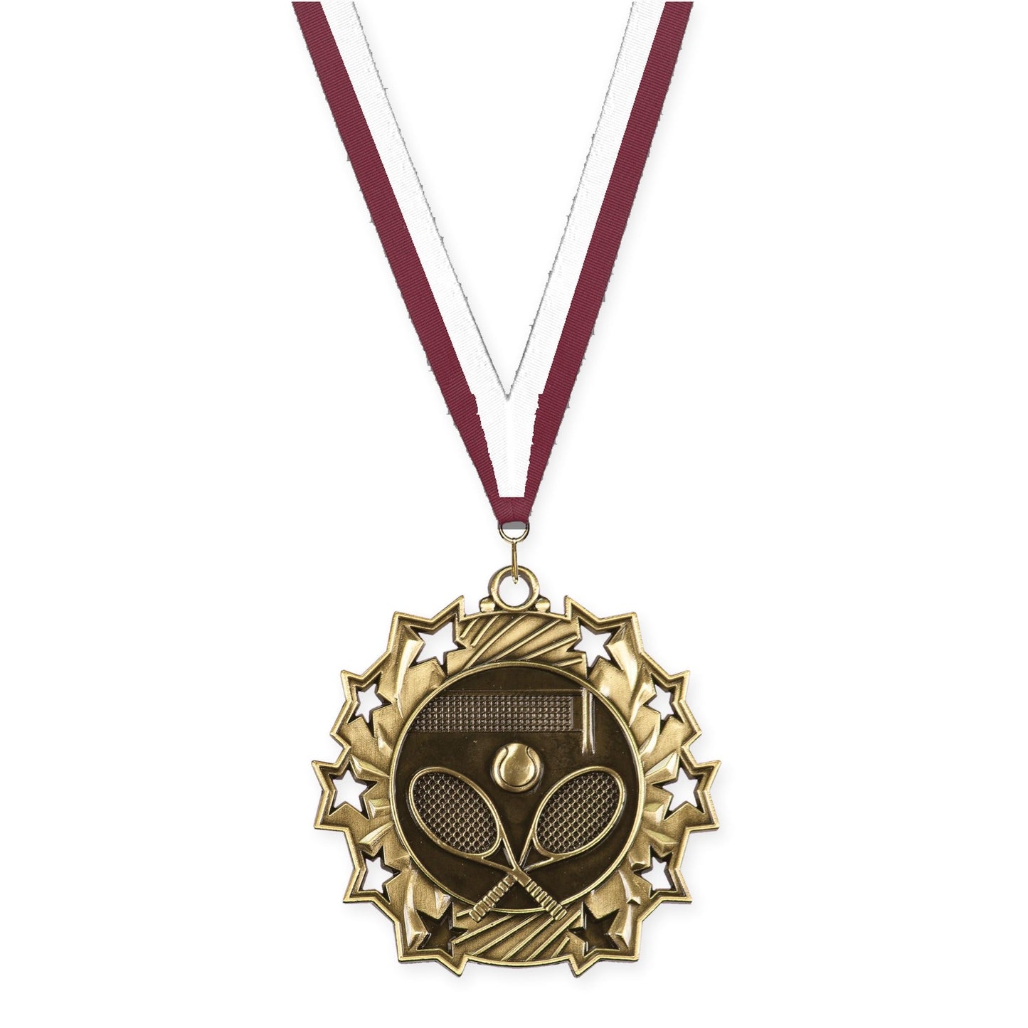 2 1/4 inch tennis Ten Star medal in antique gold with Maroon White neck ribbon
