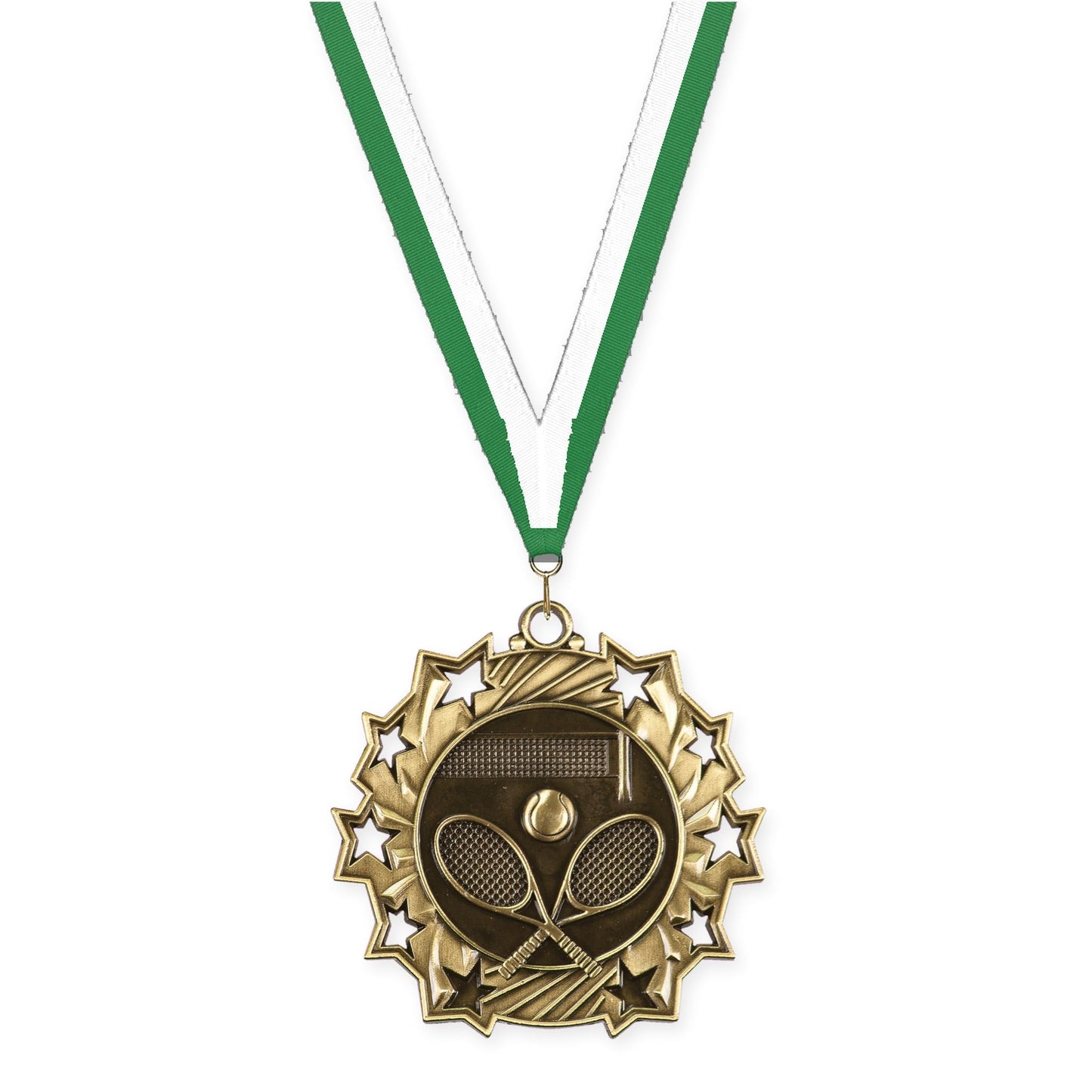 2 1/4 inch tennis Ten Star medal in antique gold with Green White neck ribbon