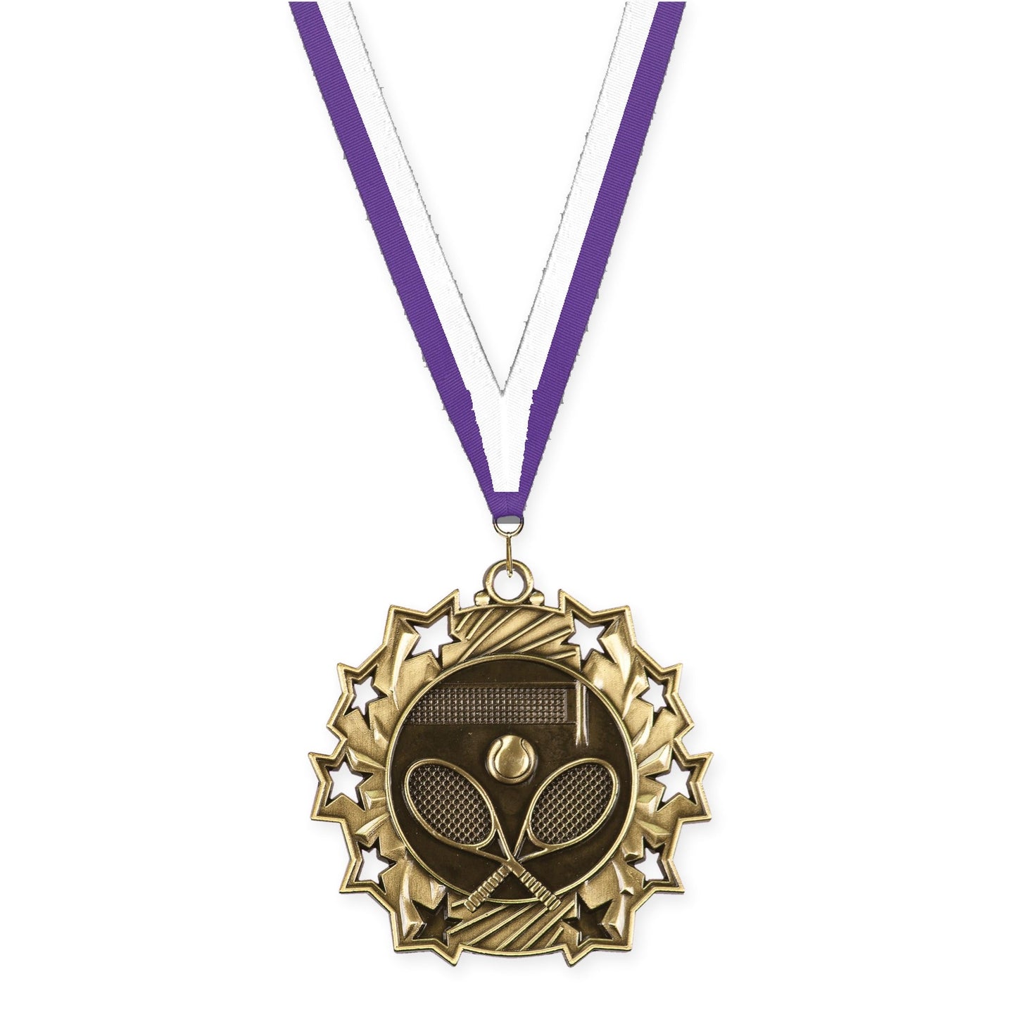 2 1/4 inch tennis Ten Star medal in antique gold with Purple White neck ribbon