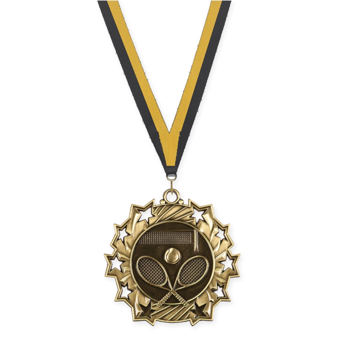 2 1/4 inch tennis Ten Star medal in antique gold with Black Gold neck ribbon
