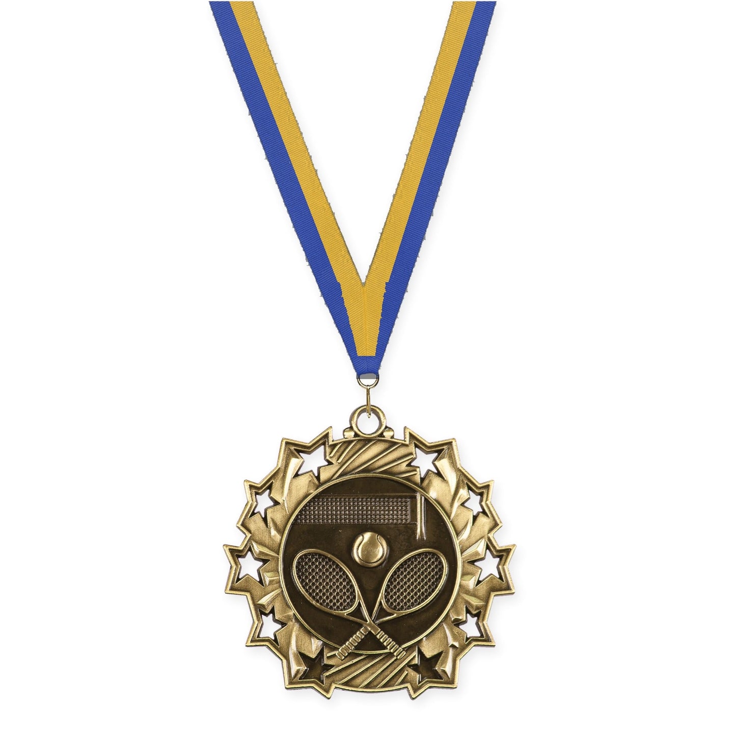 2 1/4 inch tennis Ten Star medal in antique gold with Blue Gold neck ribbon