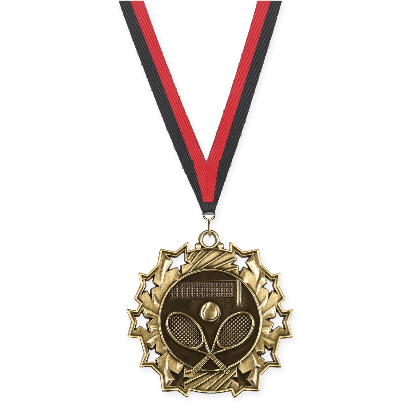 2 1/4 inch tennis Ten Star medal in antique gold with Black Red neck ribbon