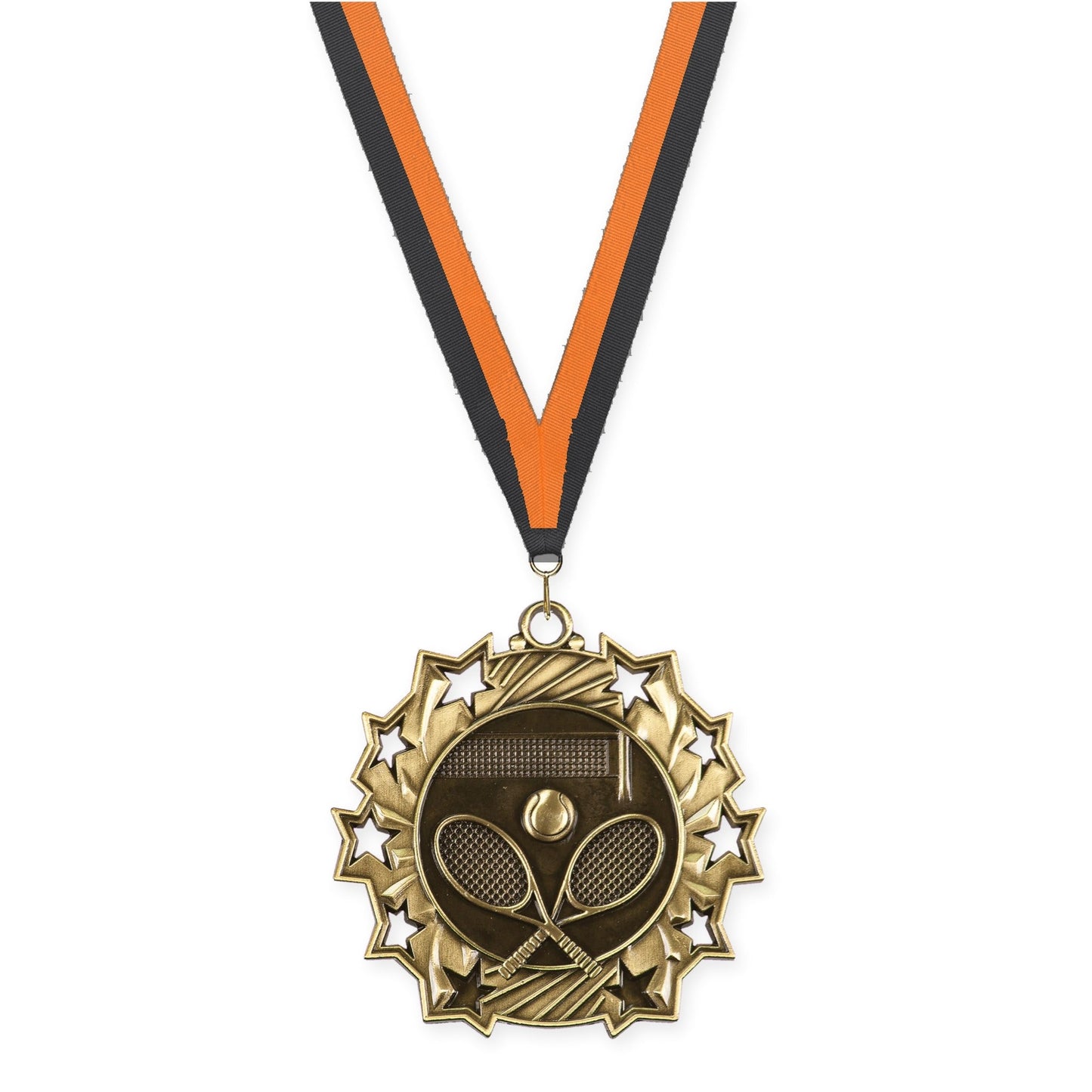2 1/4 inch tennis Ten Star medal in antique gold with Black Orange neck ribbon