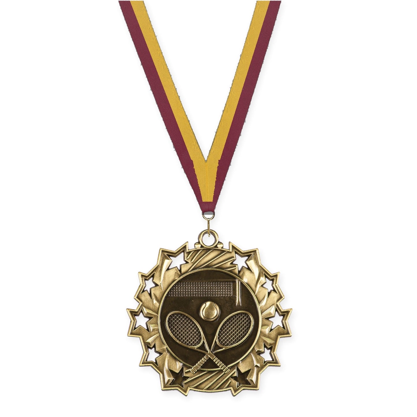2 1/4 inch tennis Ten Star medal in antique gold with Maroon Gold neck ribbon
