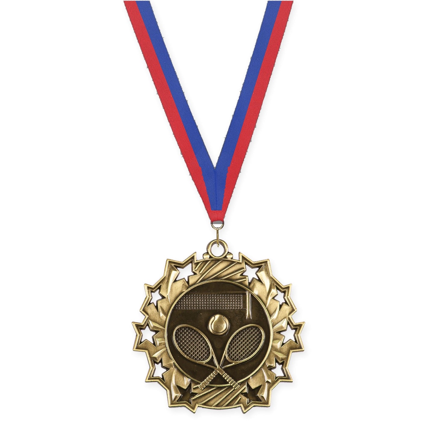 2 1/4 inch tennis Ten Star medal in antique gold with Blue Red neck ribbon