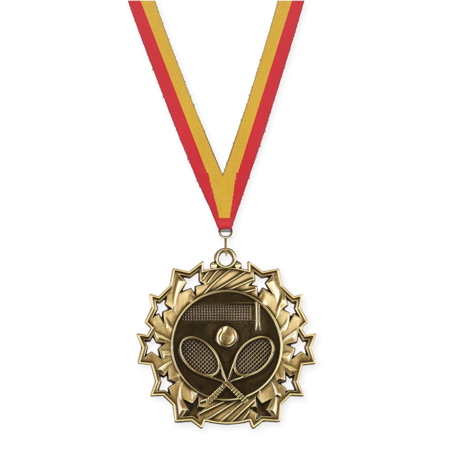 2 1/4 inch tennis Ten Star medal in antique gold with Red Gold neck ribbon