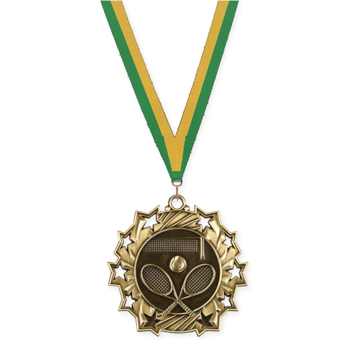 2 1/4 inch tennis Ten Star medal in antique gold with Green Gold neck ribbon