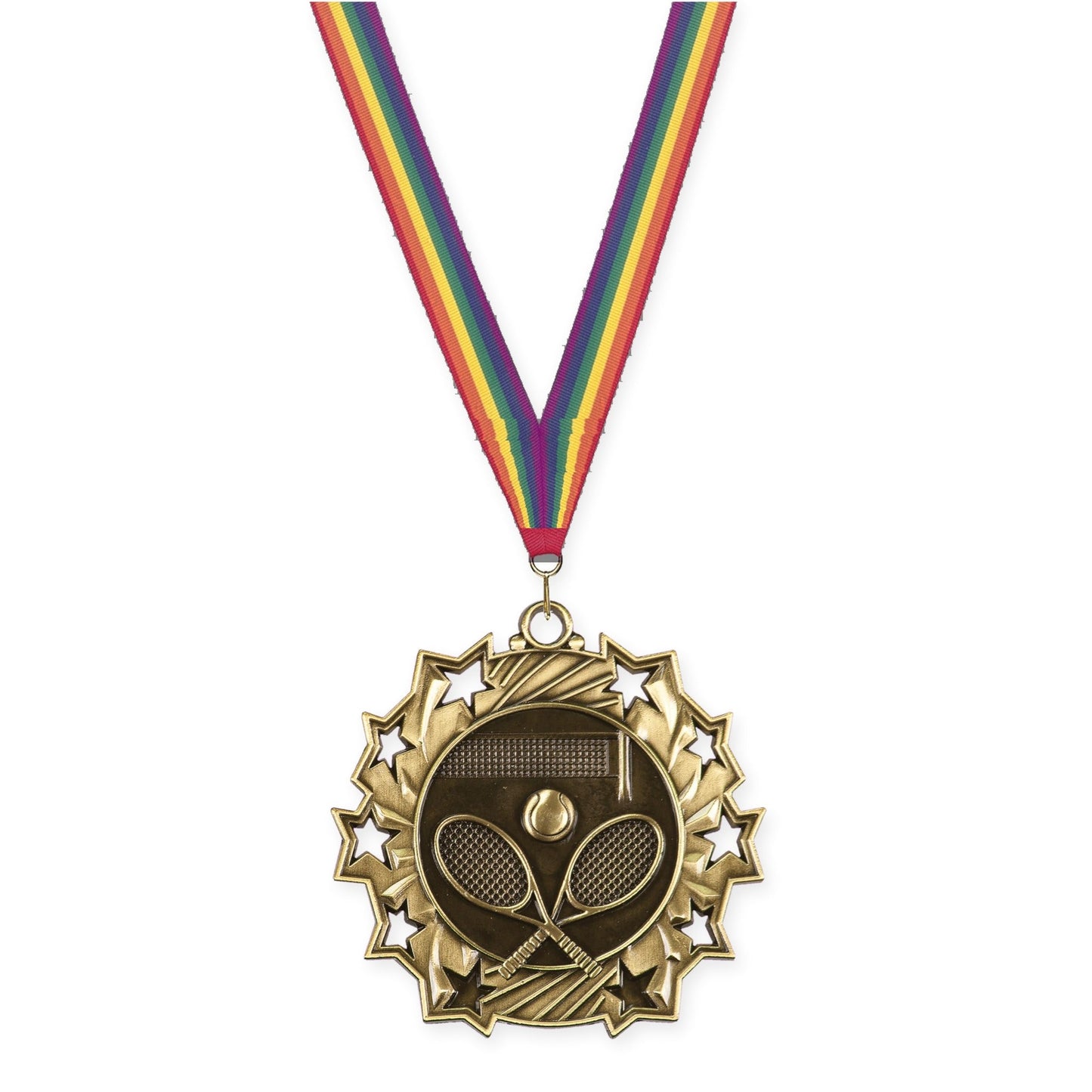 2 1/4 inch tennis Ten Star medal in antique gold with Rainbow neck ribbon