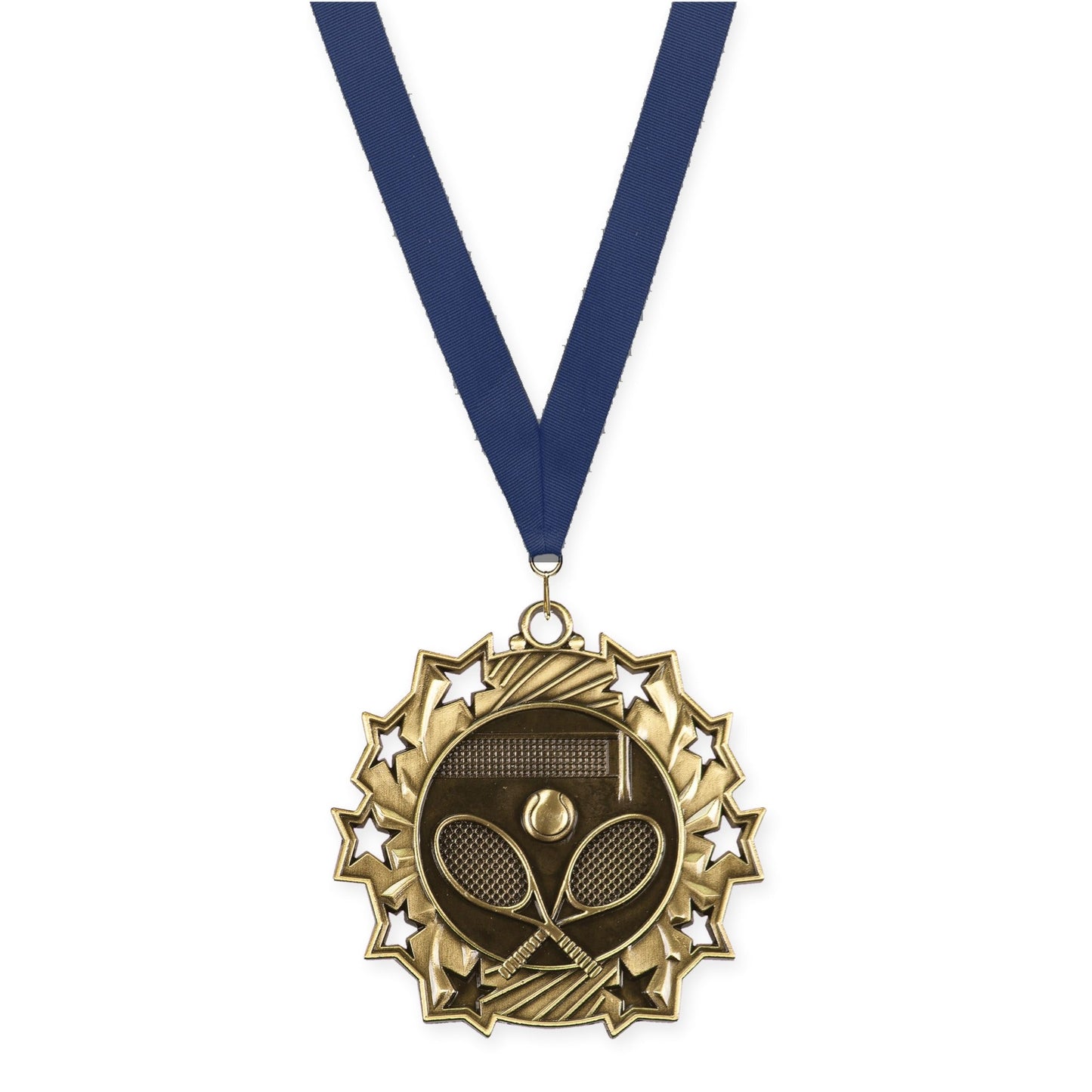 2 1/4 inch tennis Ten Star medal in antique gold with Navy neck ribbon
