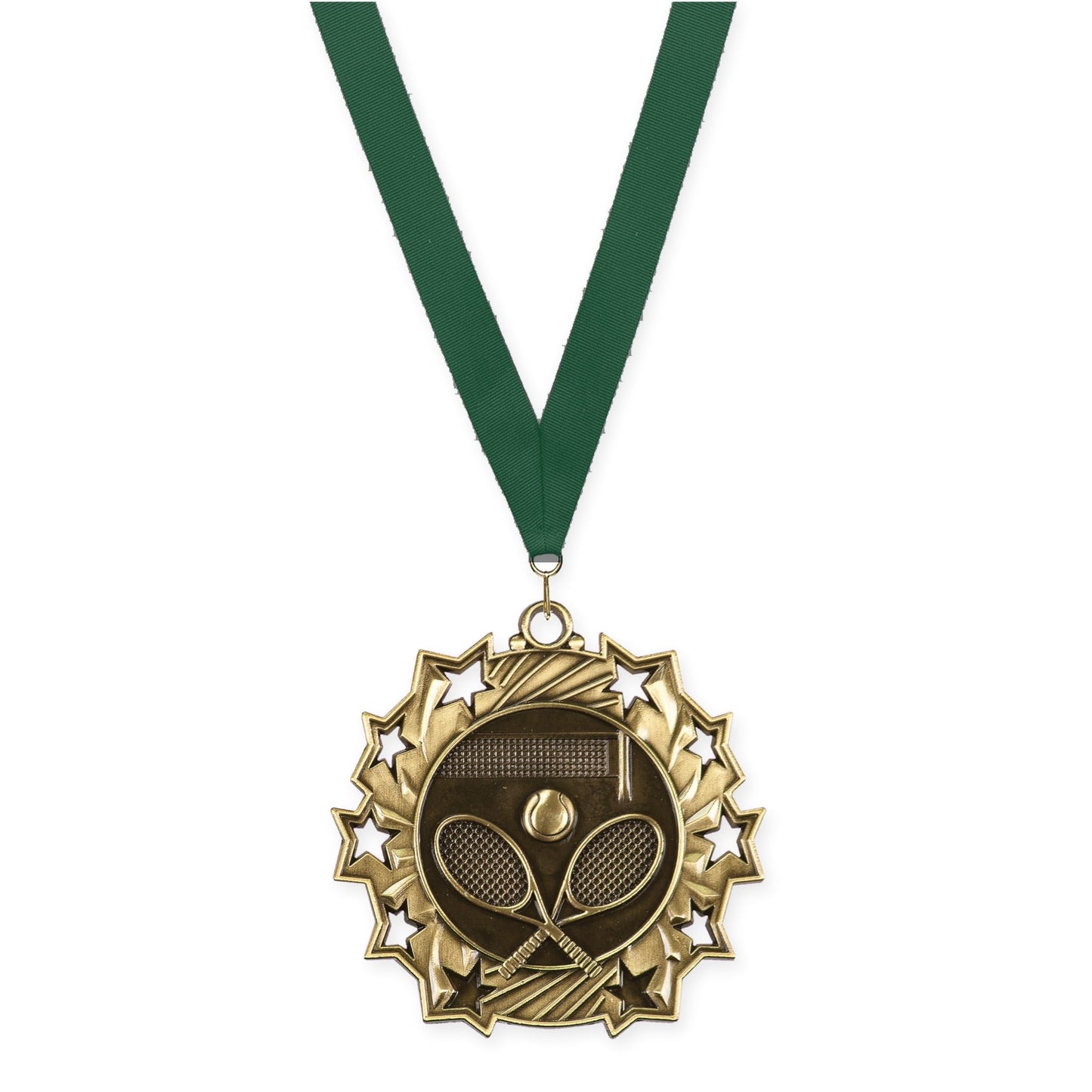 2 1/4 inch tennis Ten Star medal in antique gold with Hunter Green neck ribbon
